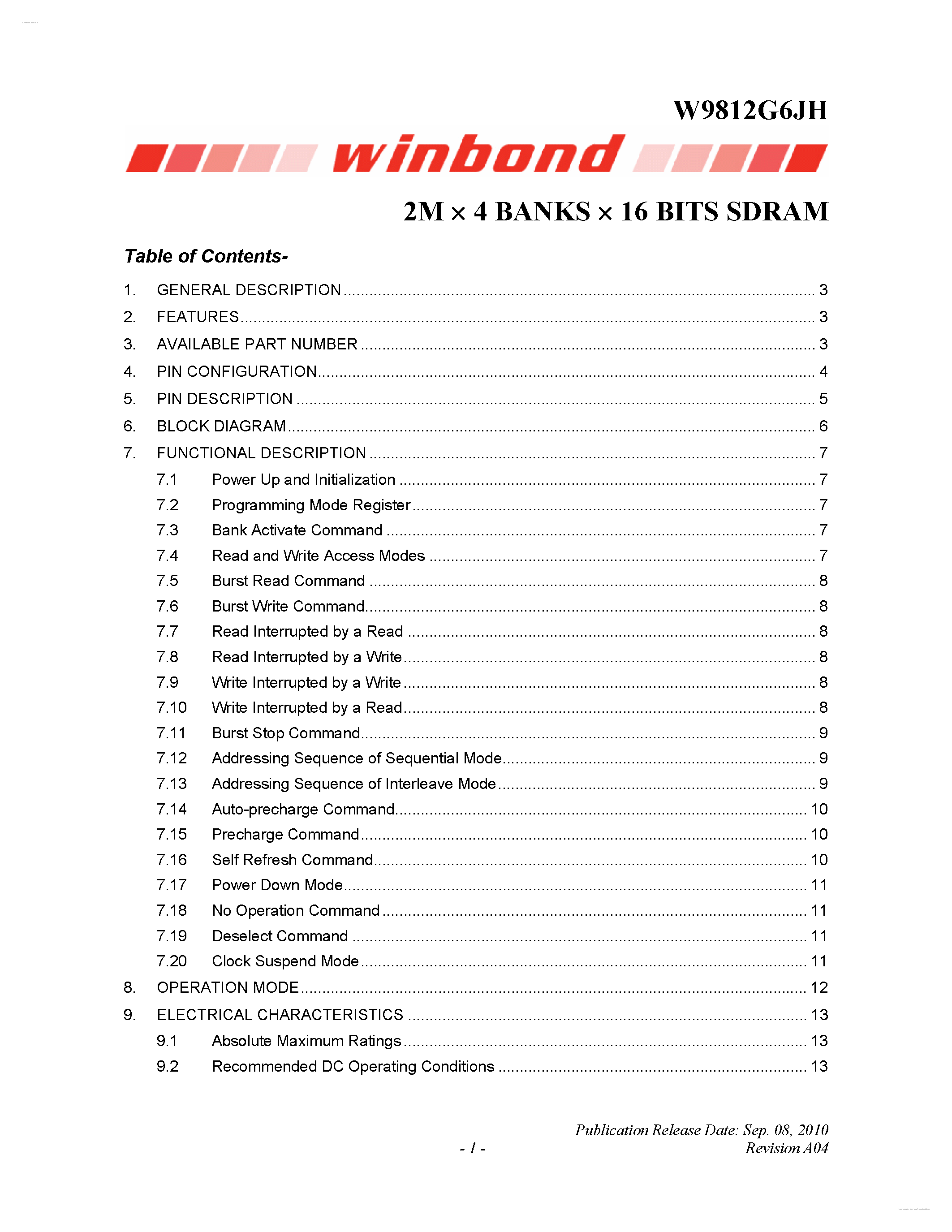 Datasheet W9812G6JH - 2M X 4 BANKS X 16 BITS SDRAM page 1