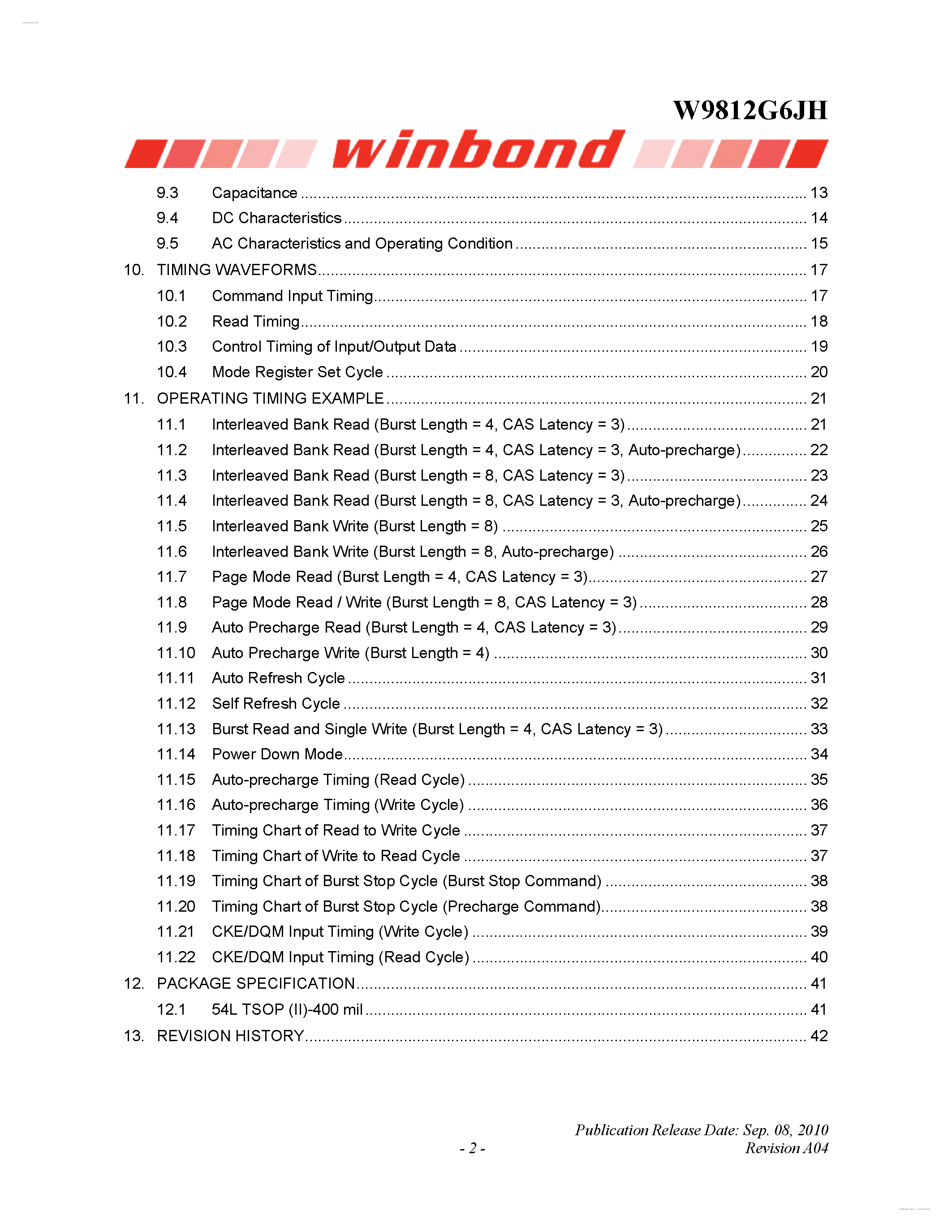 Datasheet W9812G6JH - 2M X 4 BANKS X 16 BITS SDRAM page 2