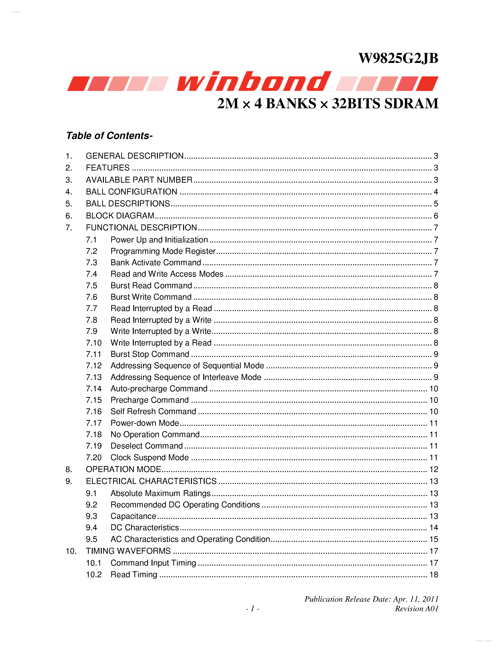 Datasheet W9825G2JB - 2M X 4 BANKS X 32BITS SDRAM page 1