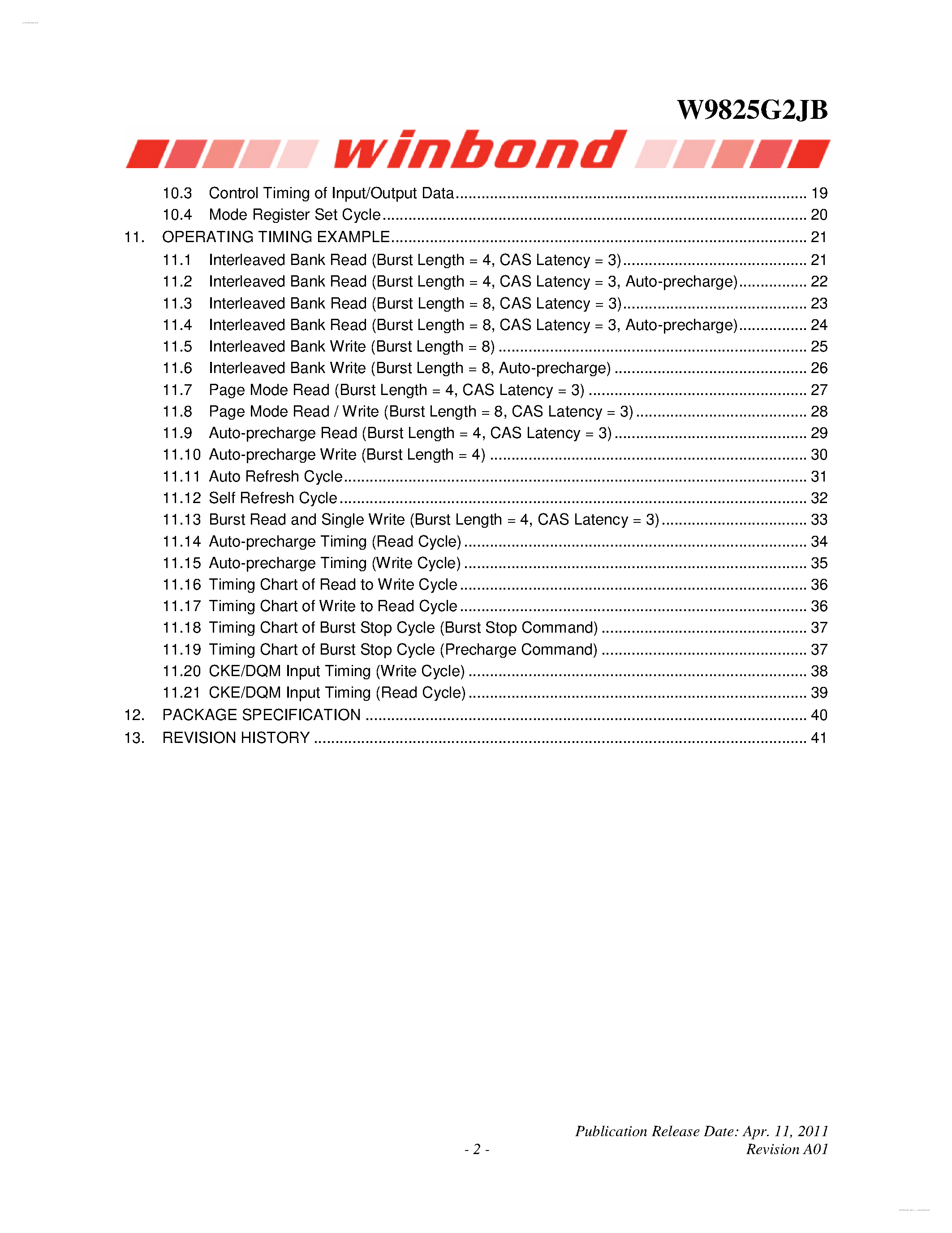 Datasheet W9825G2JB - 2M X 4 BANKS X 32BITS SDRAM page 2