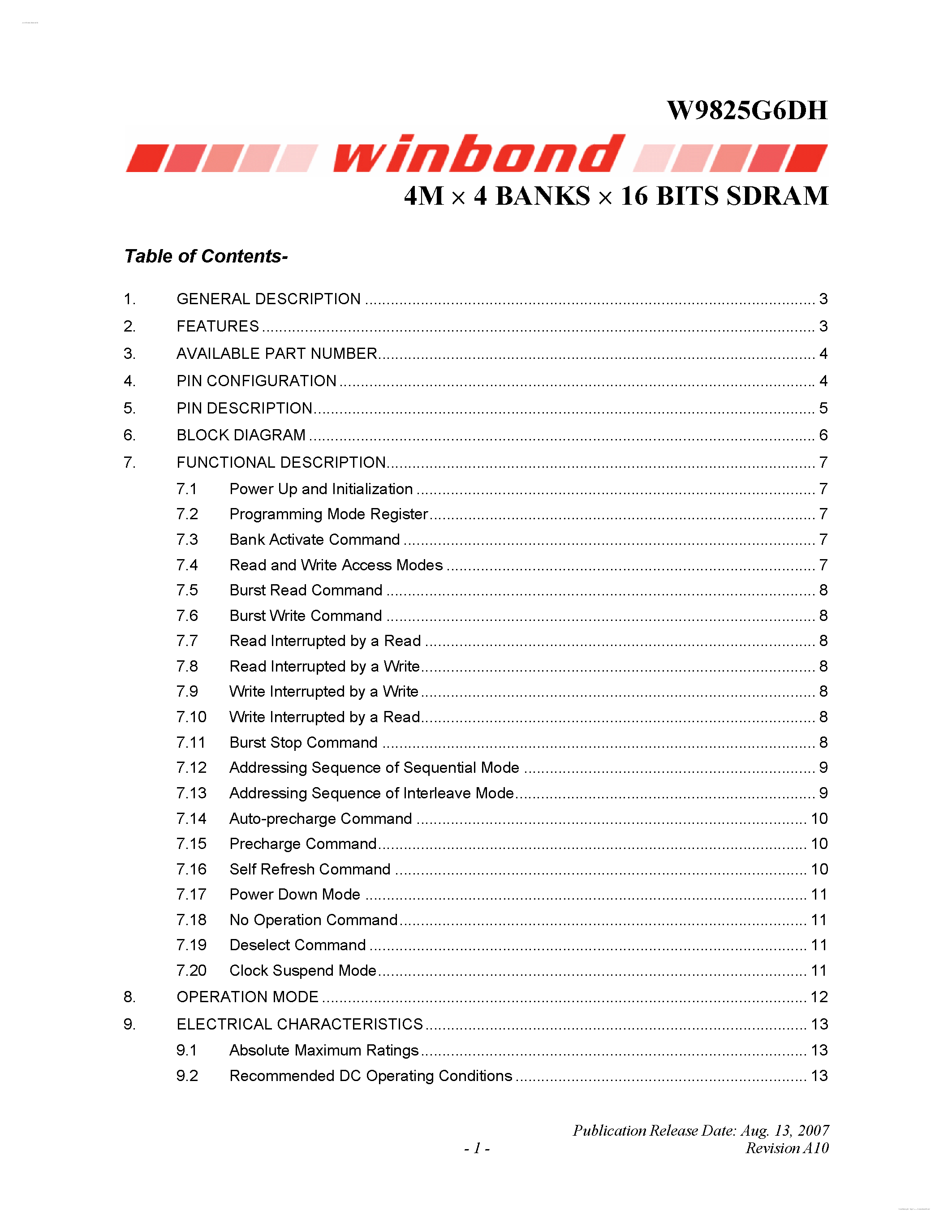 Datasheet W9825G6DH - 4M X 4 BANKS X 16 BITS SDRAM page 1