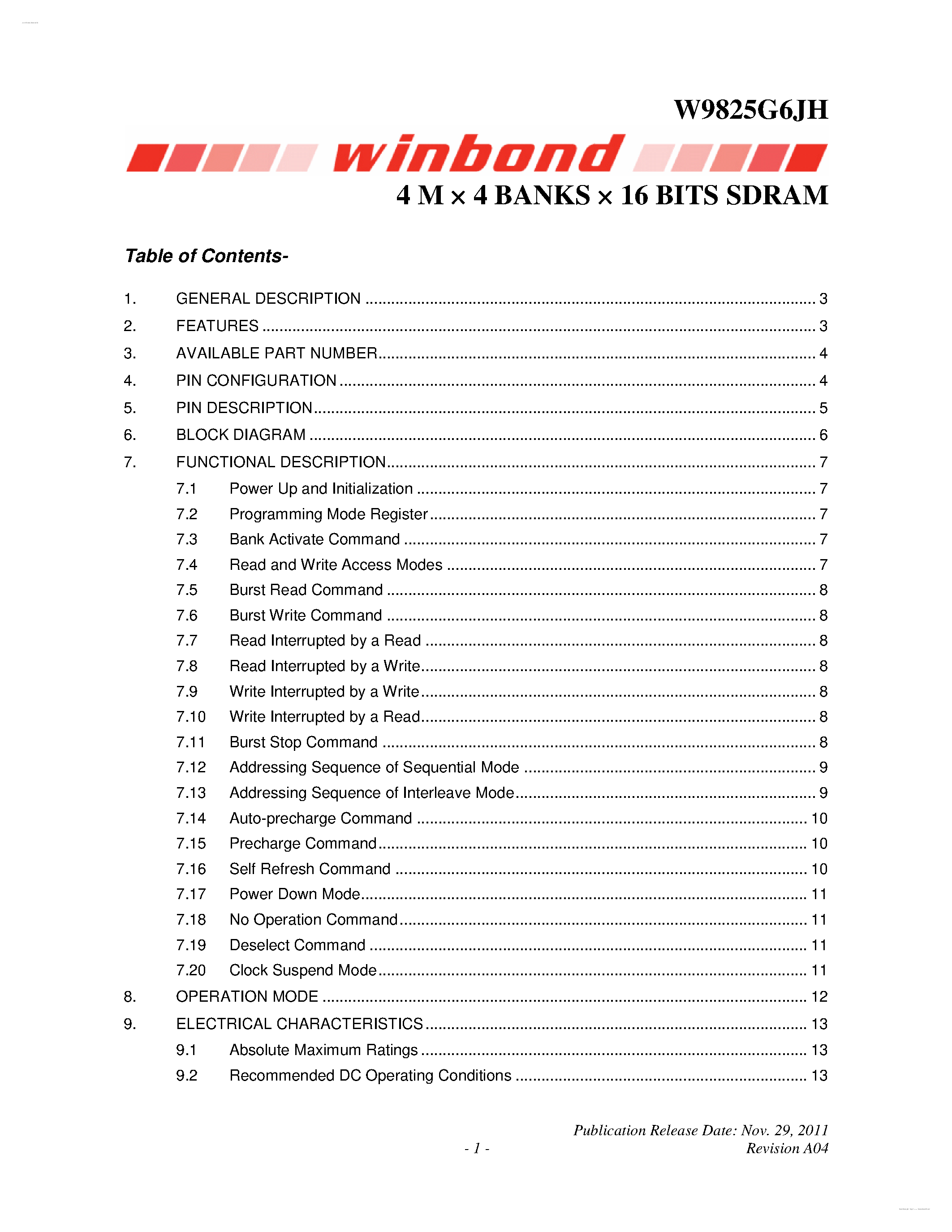 Datasheet W9825G6JH - 4M X 4 BANKS X 16 BITS SDRAM page 1