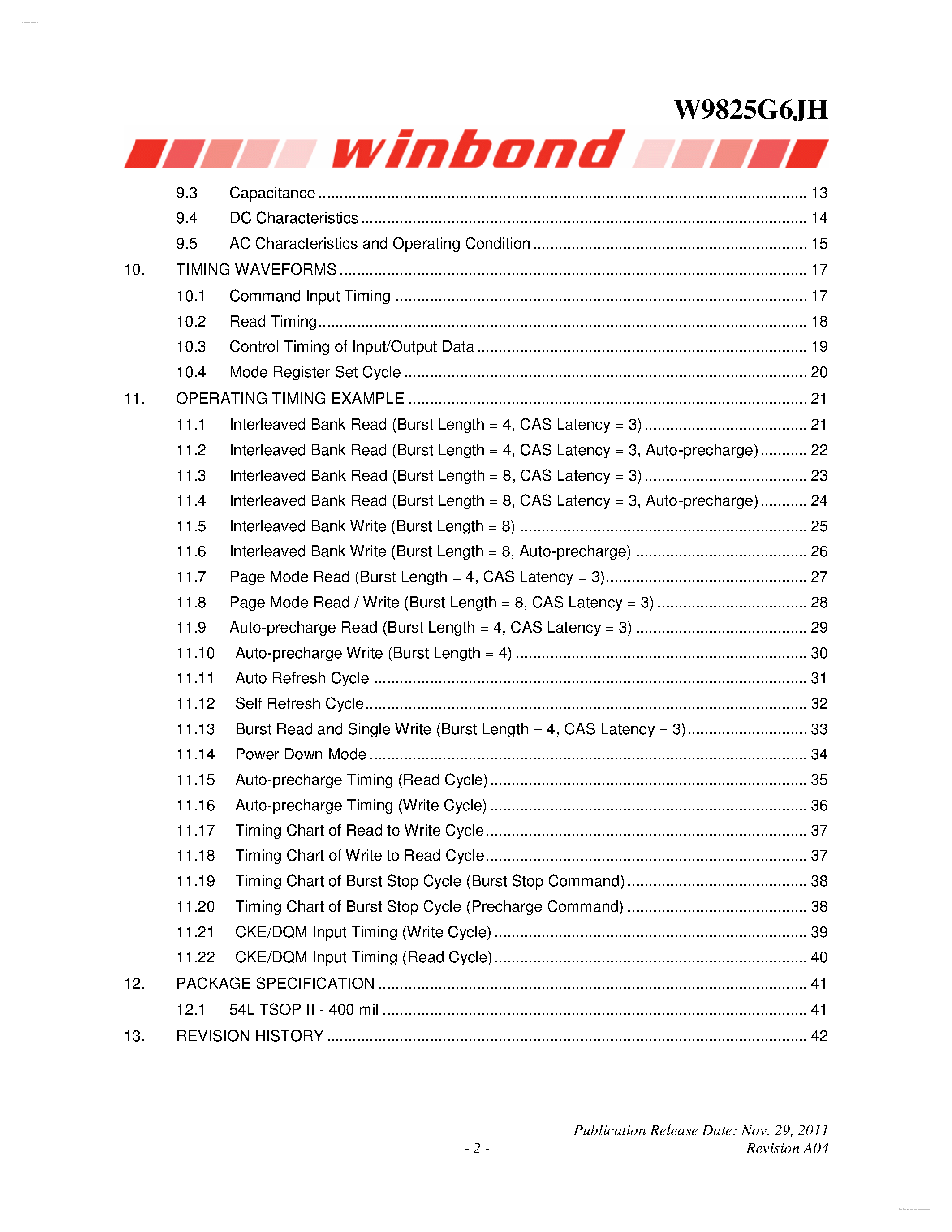 Datasheet W9825G6JH - 4M X 4 BANKS X 16 BITS SDRAM page 2