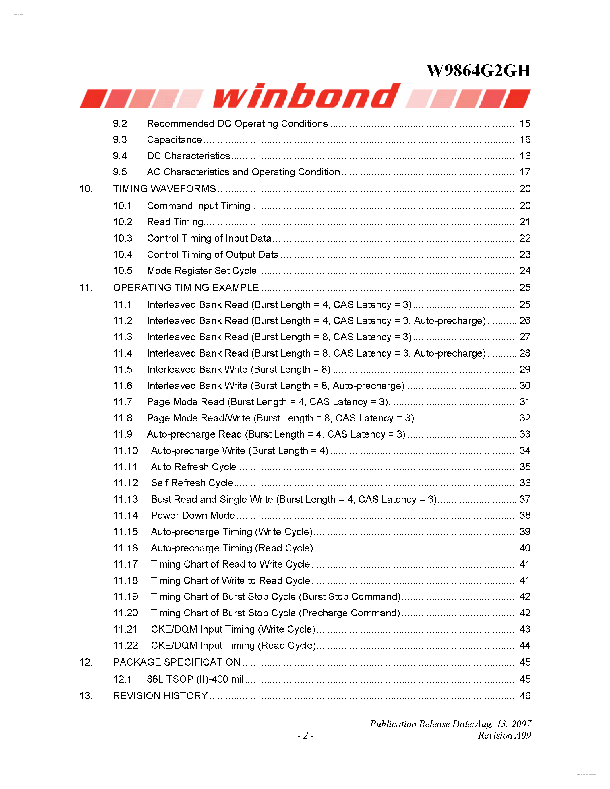 Datasheet W9864G2GH - 512K X 4 BANKS X 32BITS SDRAM page 2