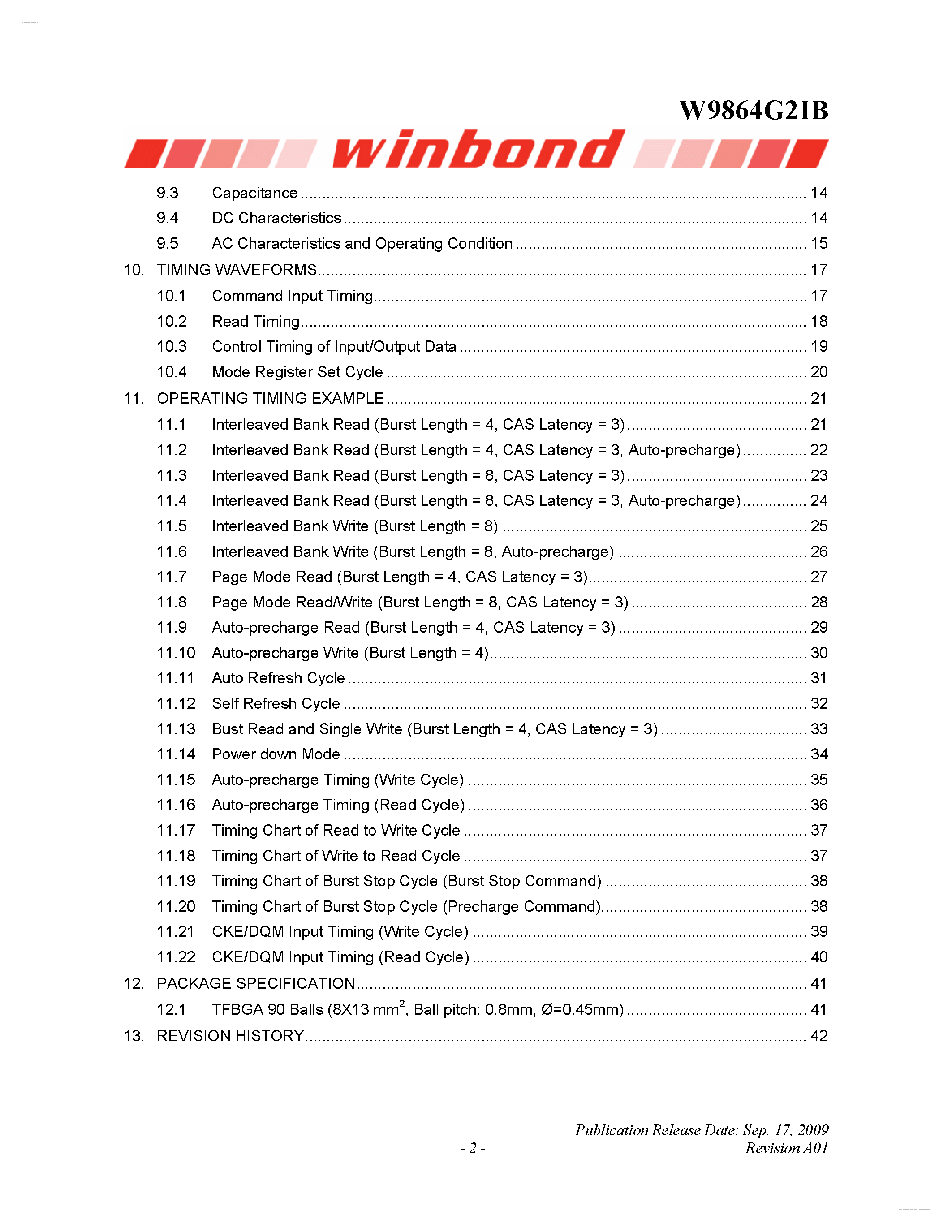 Datasheet W9864G2IB - 512K X 4 BANKS X 32BITS SDRAM page 2