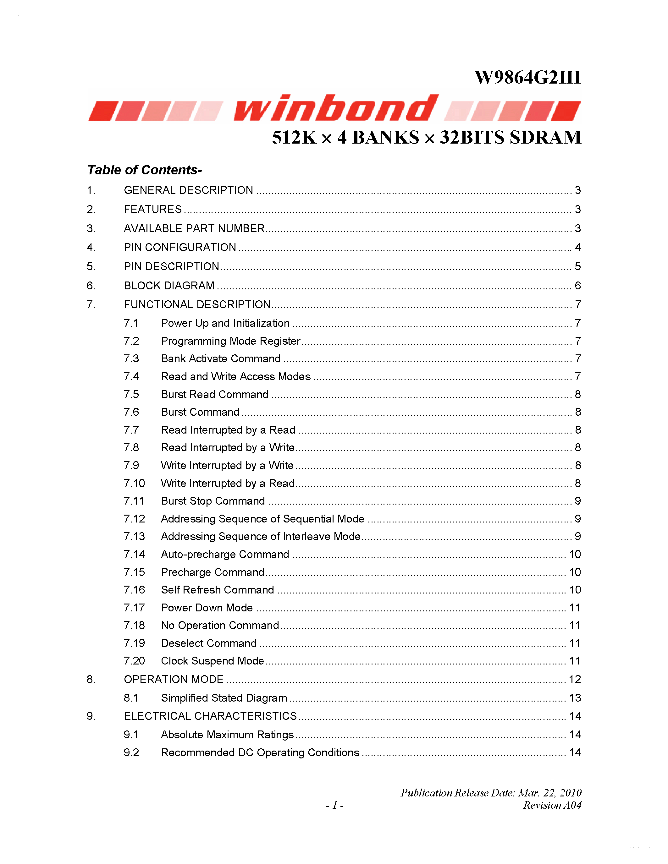 Datasheet W9864G2IH - 512K X 4 BANKS X 32BITS SDRAM page 1