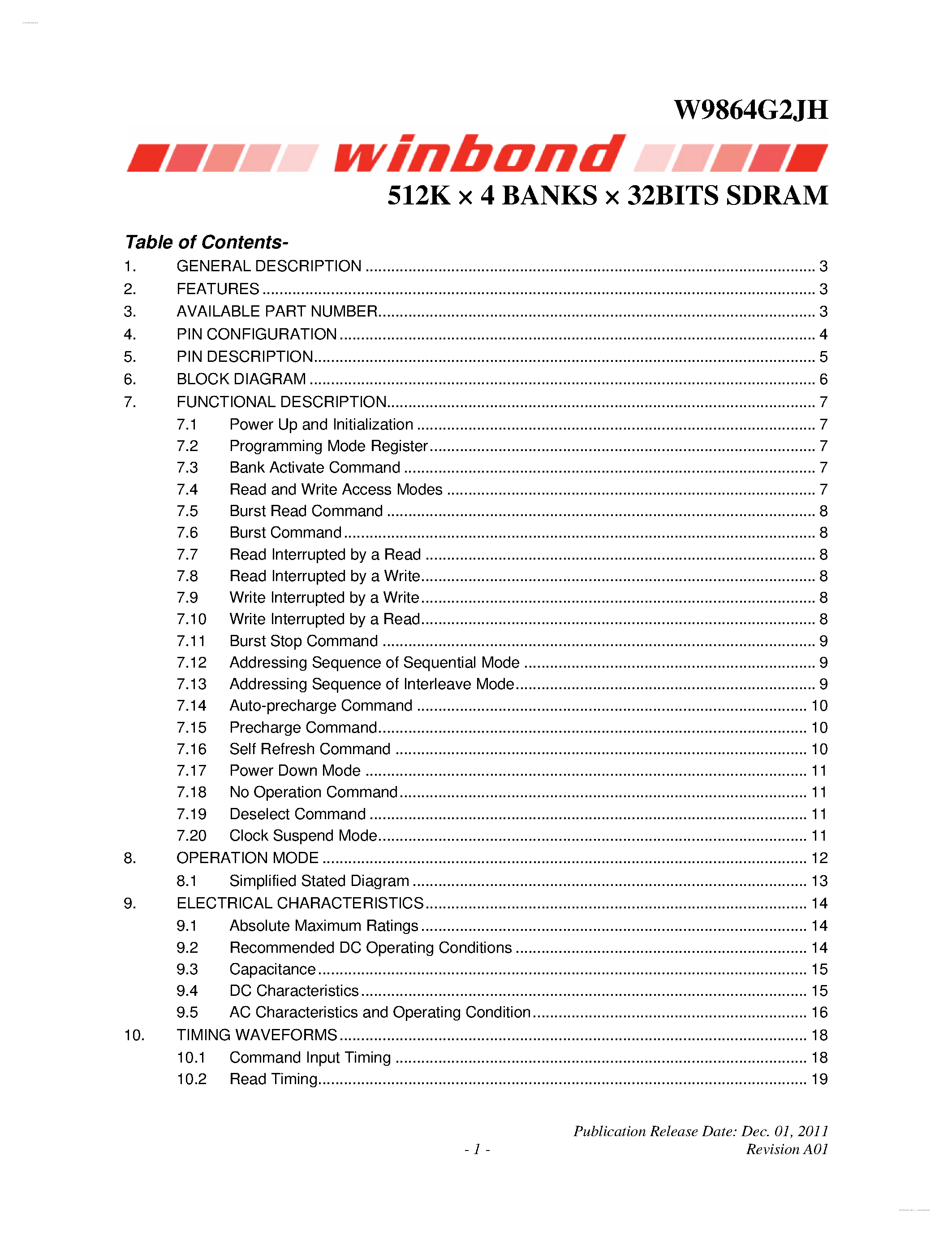 Datasheet W9864G2JH - 512K X 4 BANKS X 32BITS SDRAM page 1