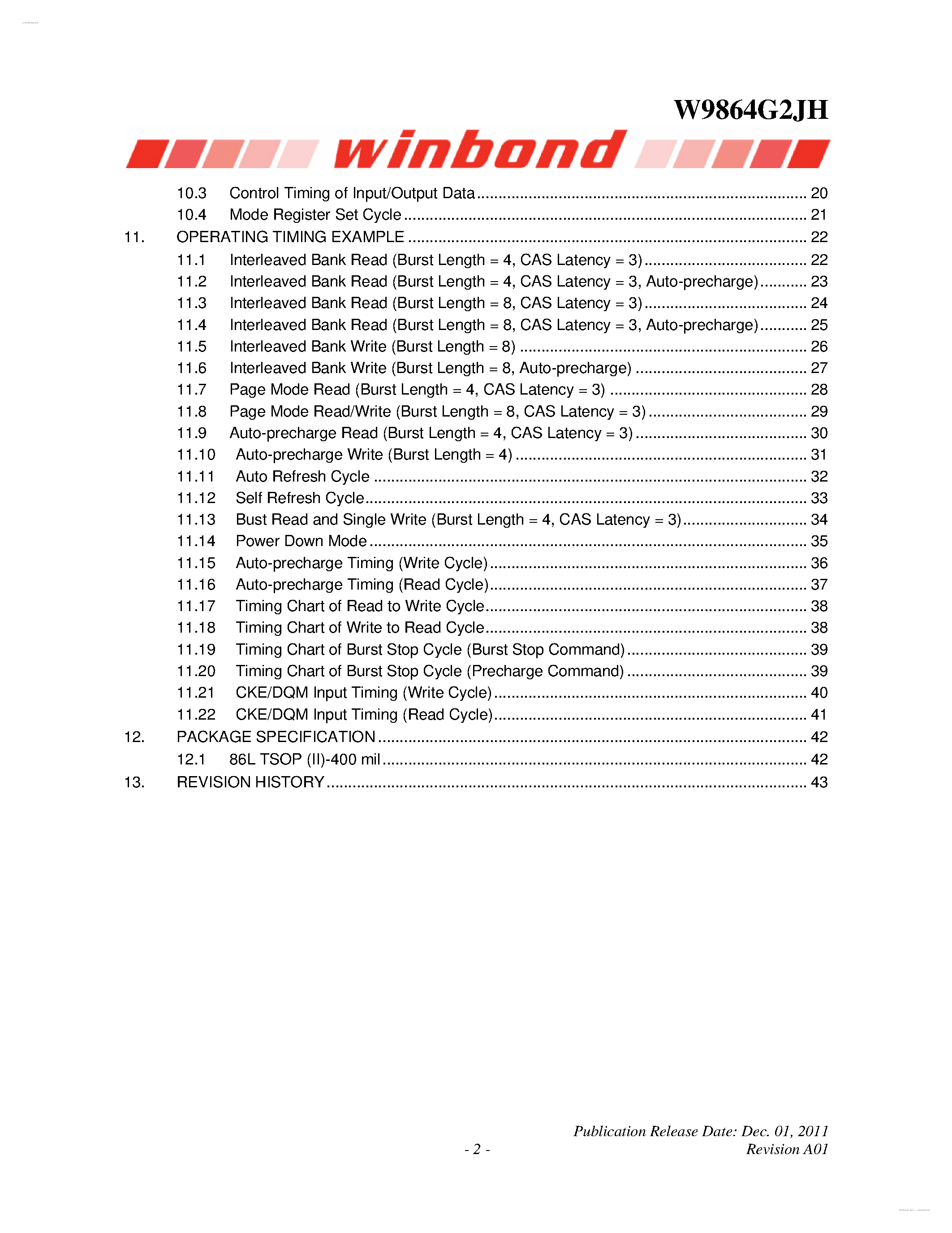 Datasheet W9864G2JH - 512K X 4 BANKS X 32BITS SDRAM page 2