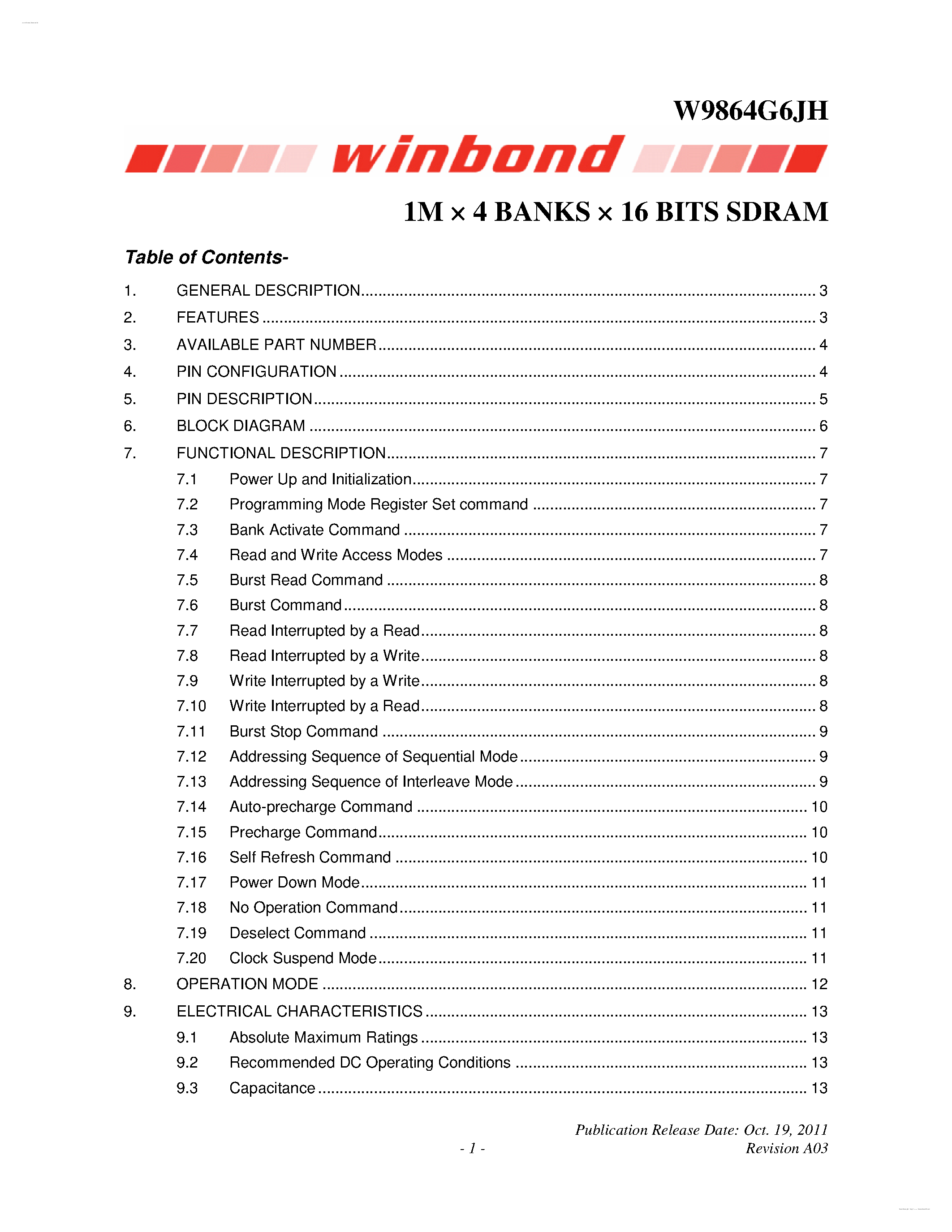 Datasheet W9864G6JH - 1M X 4 BANKS X 16 BITS SDRAM page 1