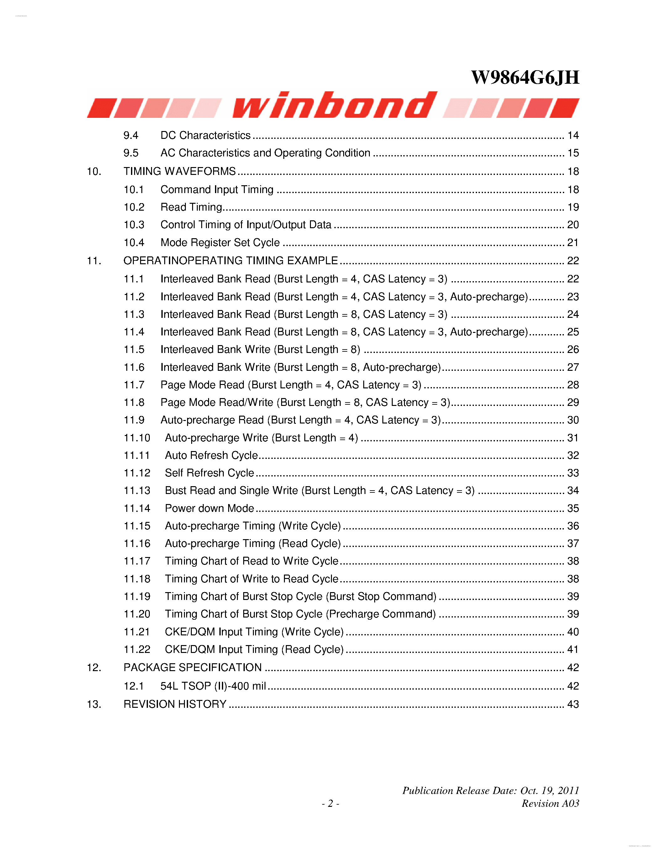 Datasheet W9864G6JH - 1M X 4 BANKS X 16 BITS SDRAM page 2