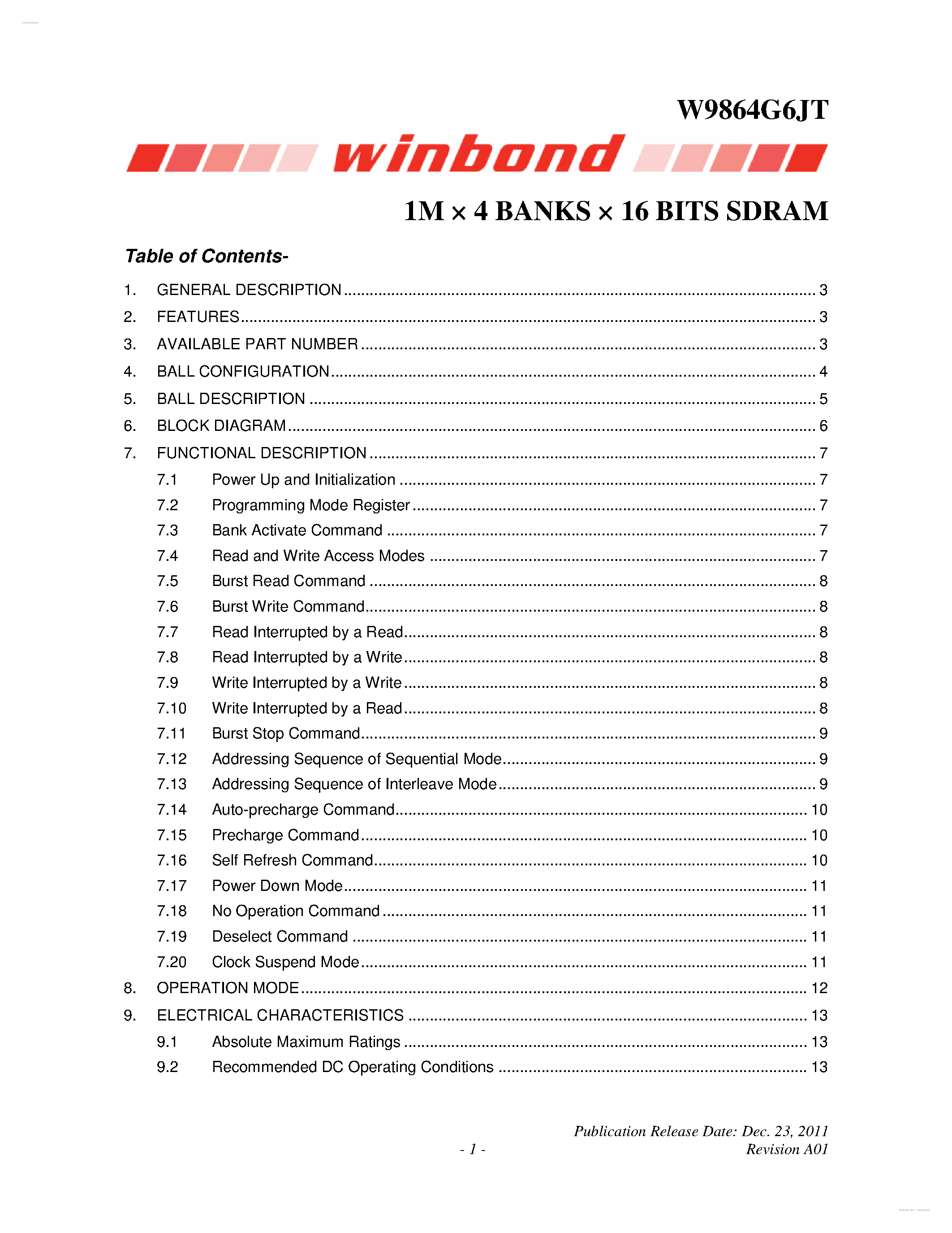 Datasheet W9864G6JT - 1M X 4 BANKS X 16 BITS SDRAM page 1