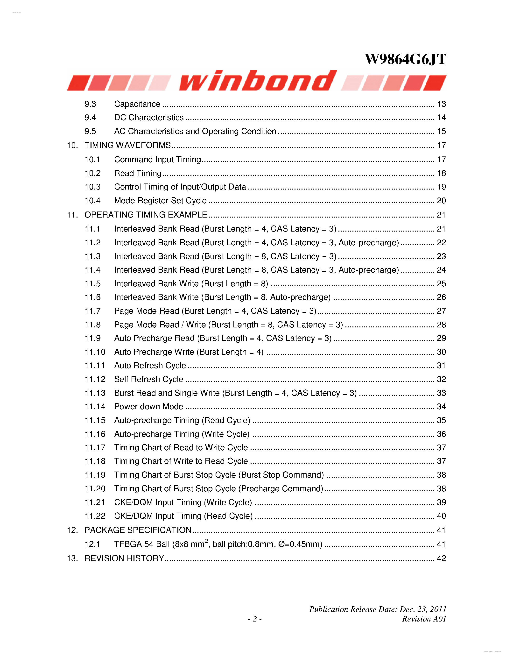 Datasheet W9864G6JT - 1M X 4 BANKS X 16 BITS SDRAM page 2