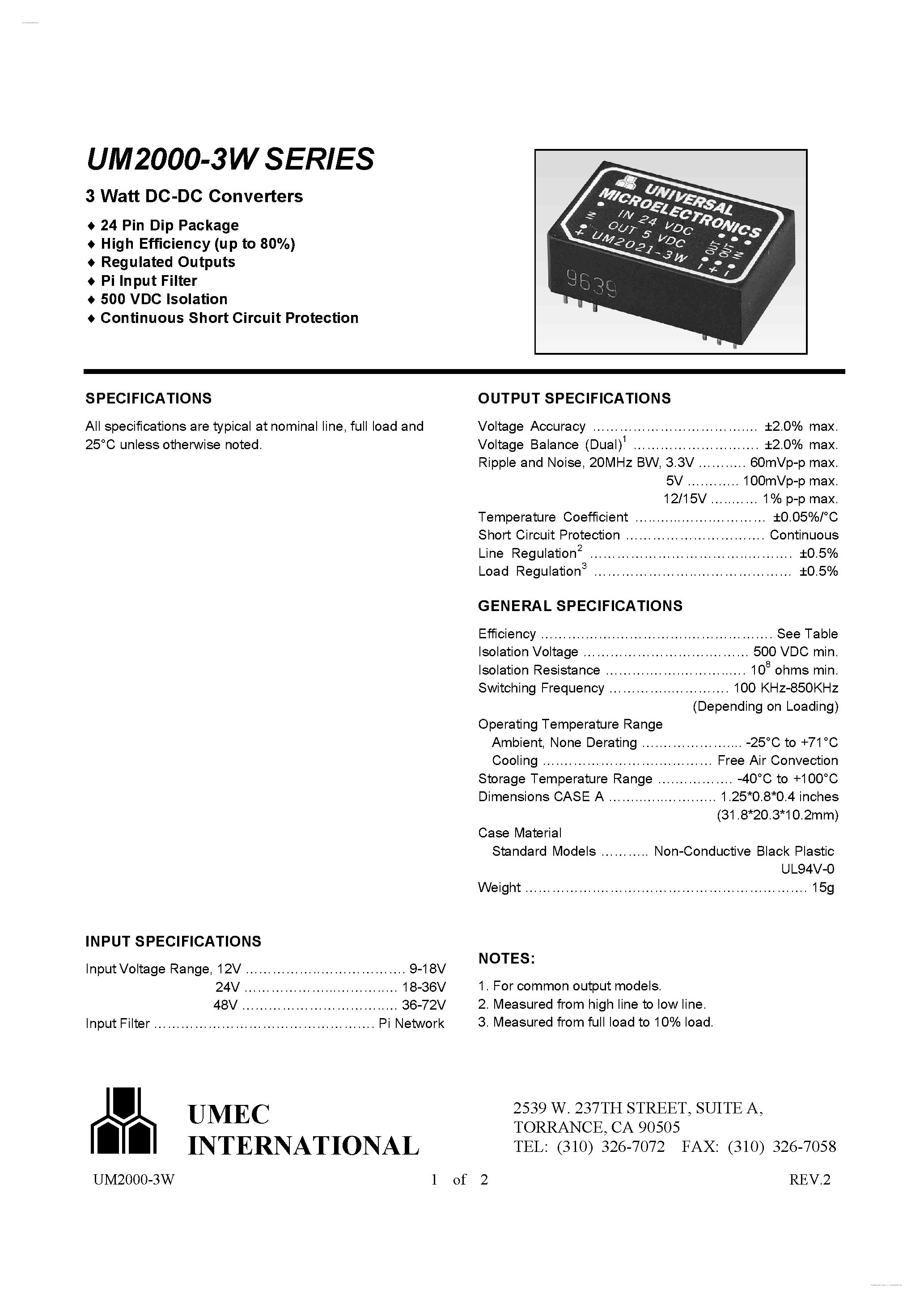 Даташит UM2000 - 3 Watt DC-DC Converters страница 1