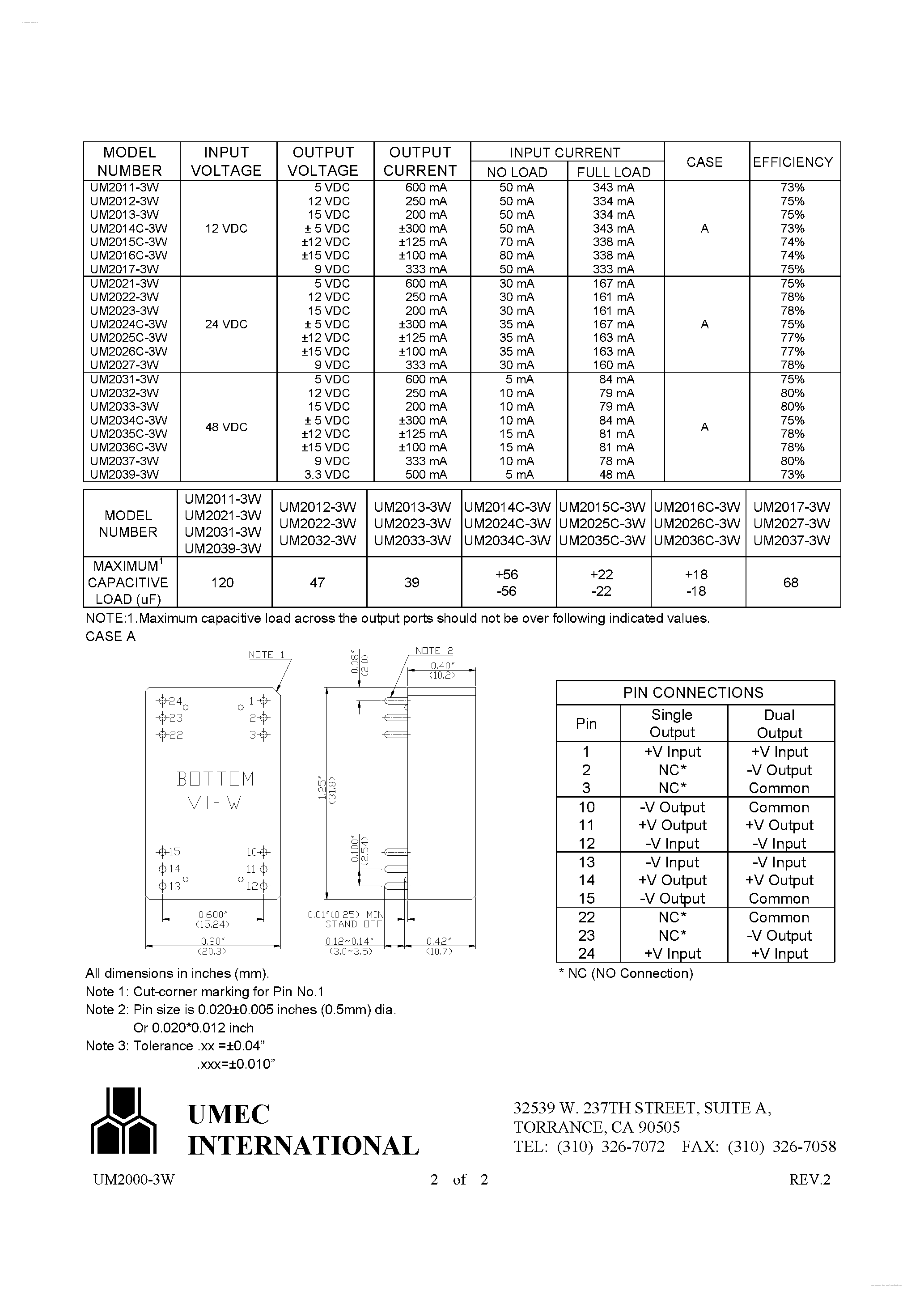 Даташит UM2000 - 3 Watt DC-DC Converters страница 2