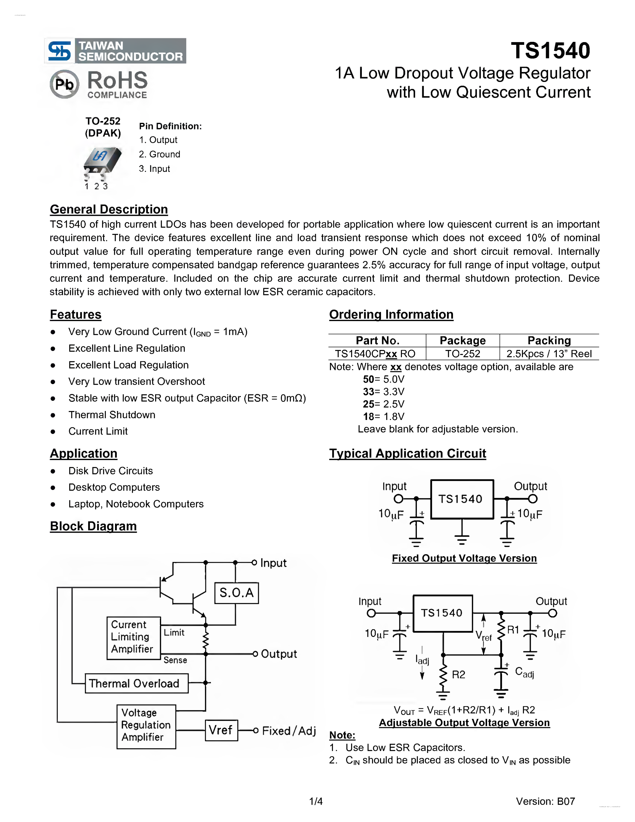 Даташит TS1540 - 1A Low Dropout Voltage Regulator страница 1