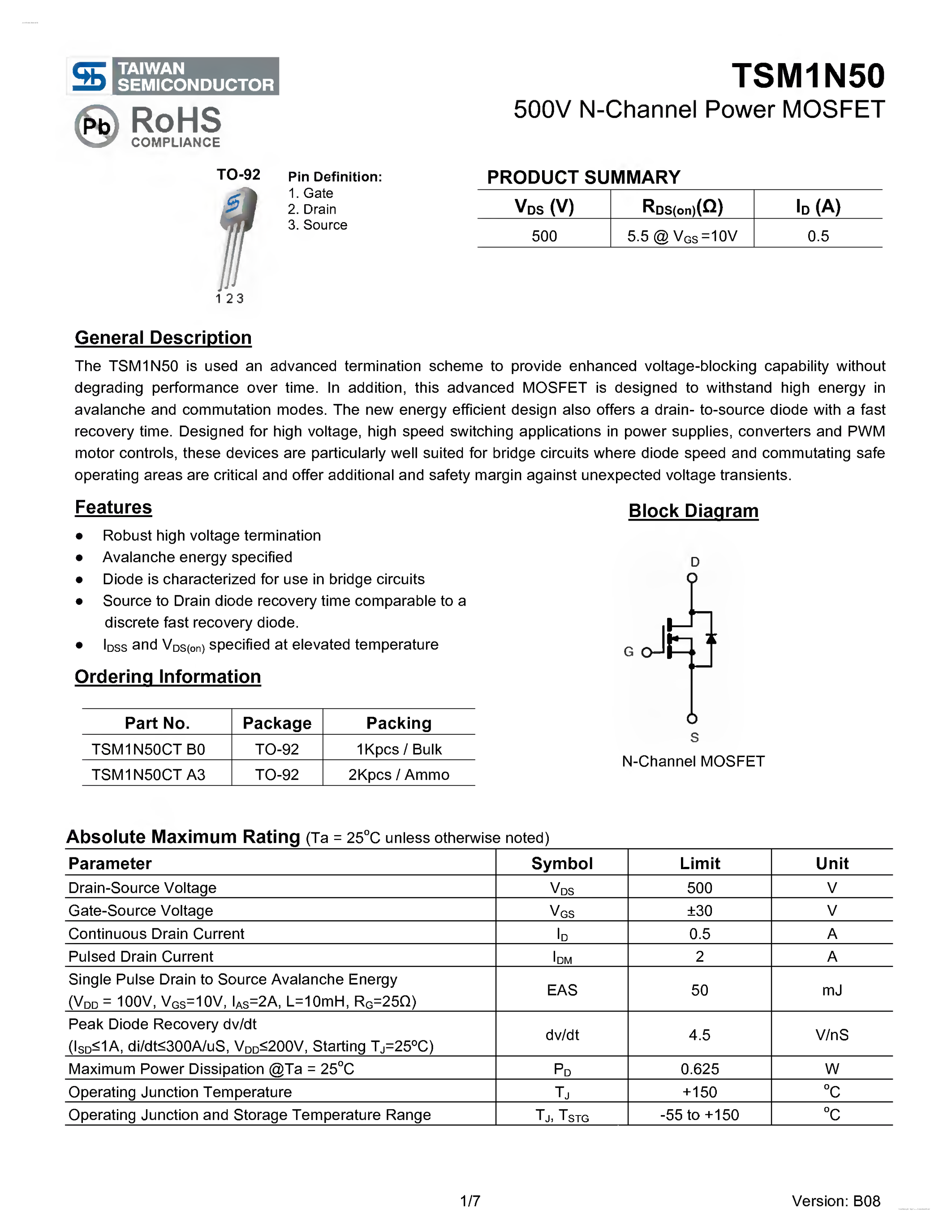 Даташит TSM1N50 - 500V N-Channel Power MOSFET страница 1