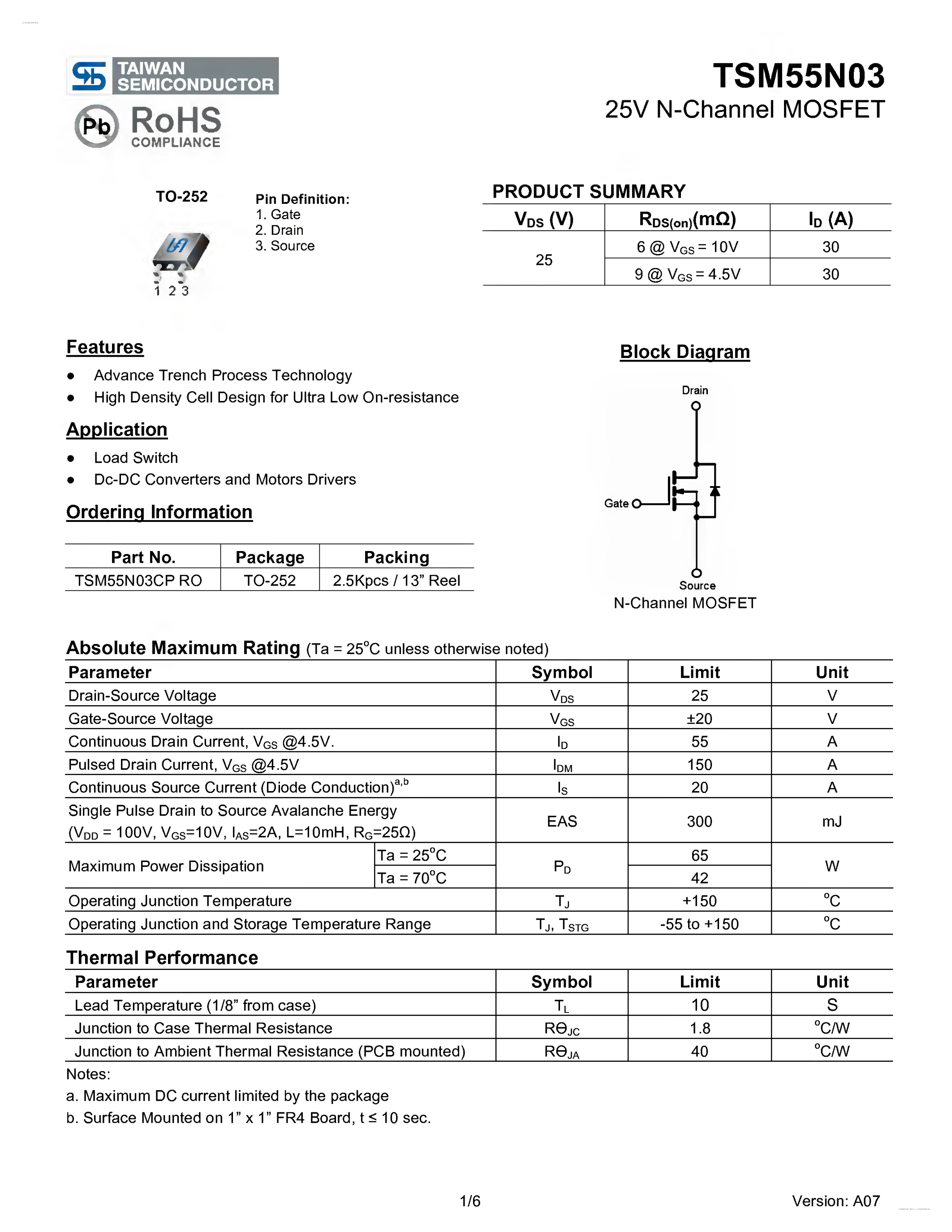 Даташит TSM55N03 - 25V N-Channel MOSFET страница 1