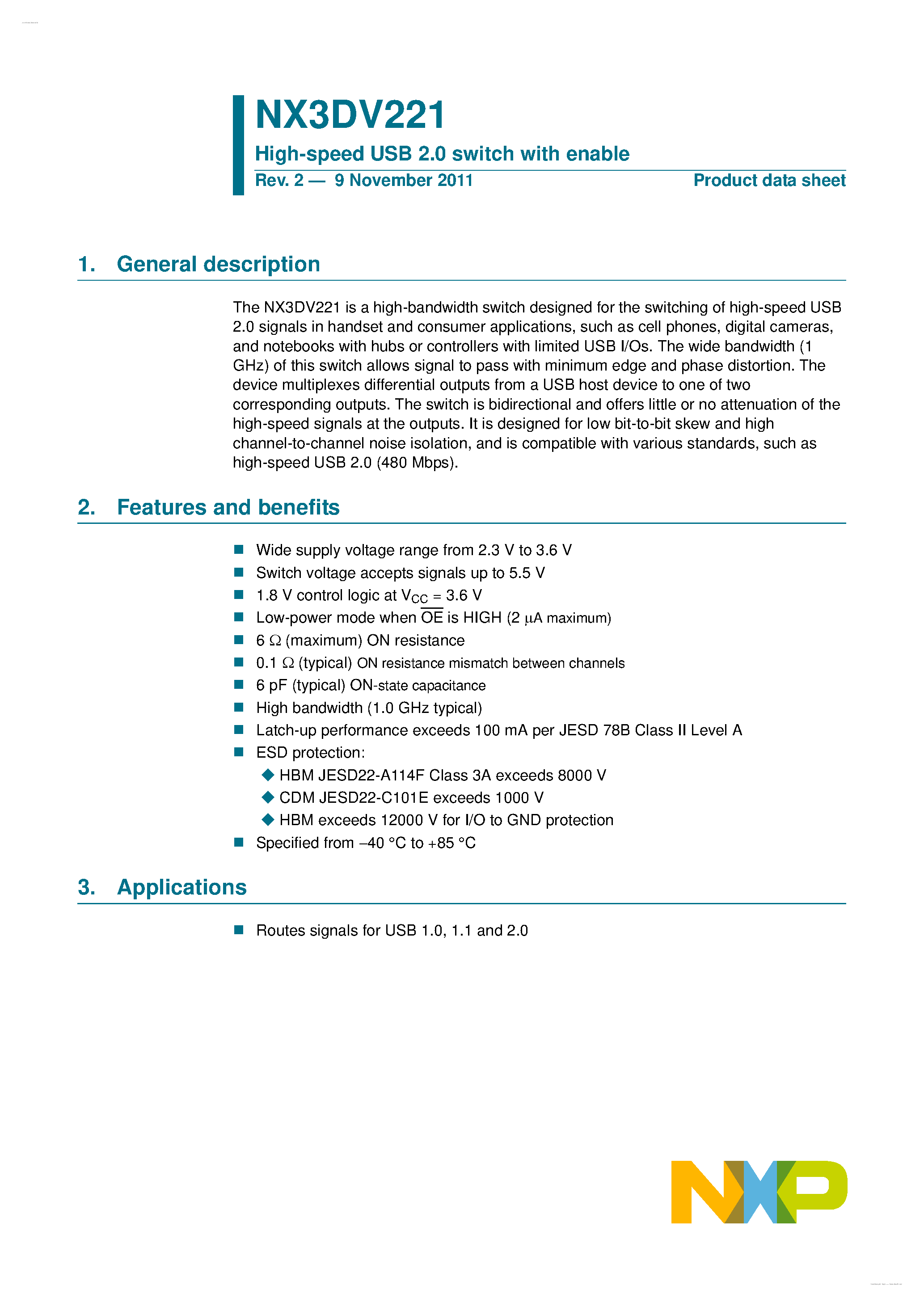Даташит NX3DV221 - High-speed USB 2.0 switch страница 1