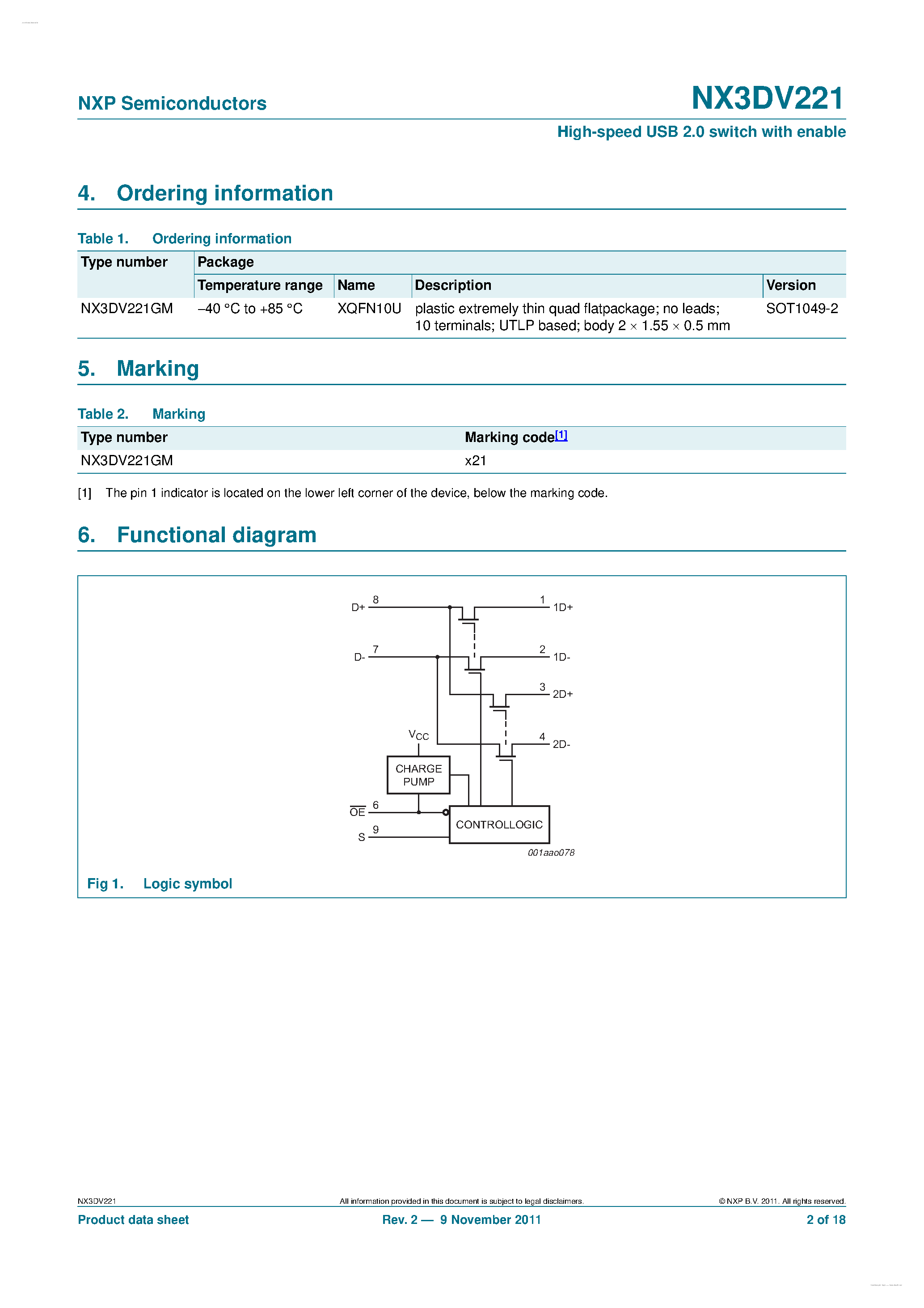 Даташит NX3DV221 - High-speed USB 2.0 switch страница 2