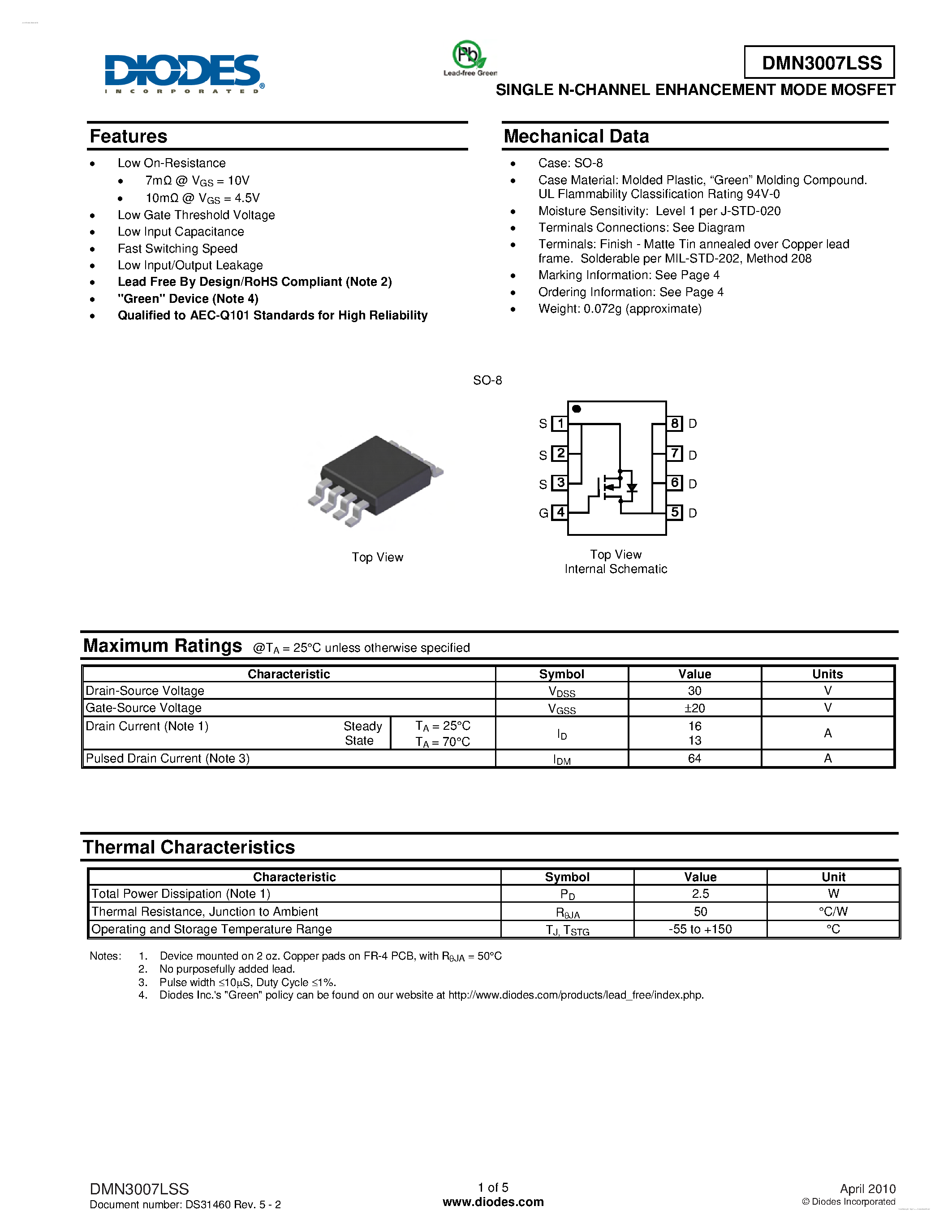 Даташит DMN3007LSS - SINGLE N-CHANNEL ENHANCEMENT MODE MOSFET страница 1