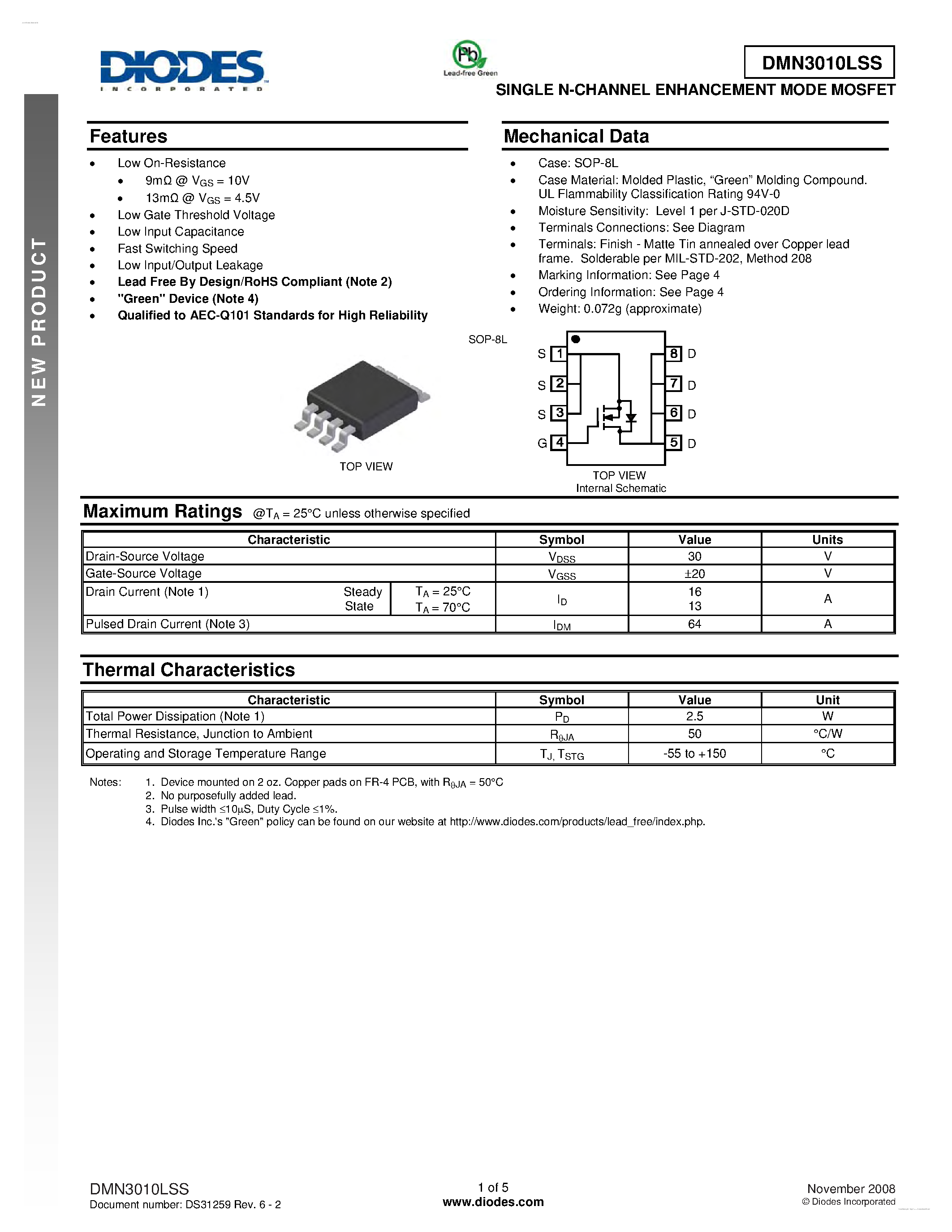 Даташит DMN3010LSS - SINGLE N-CHANNEL ENHANCEMENT MODE MOSFET страница 1