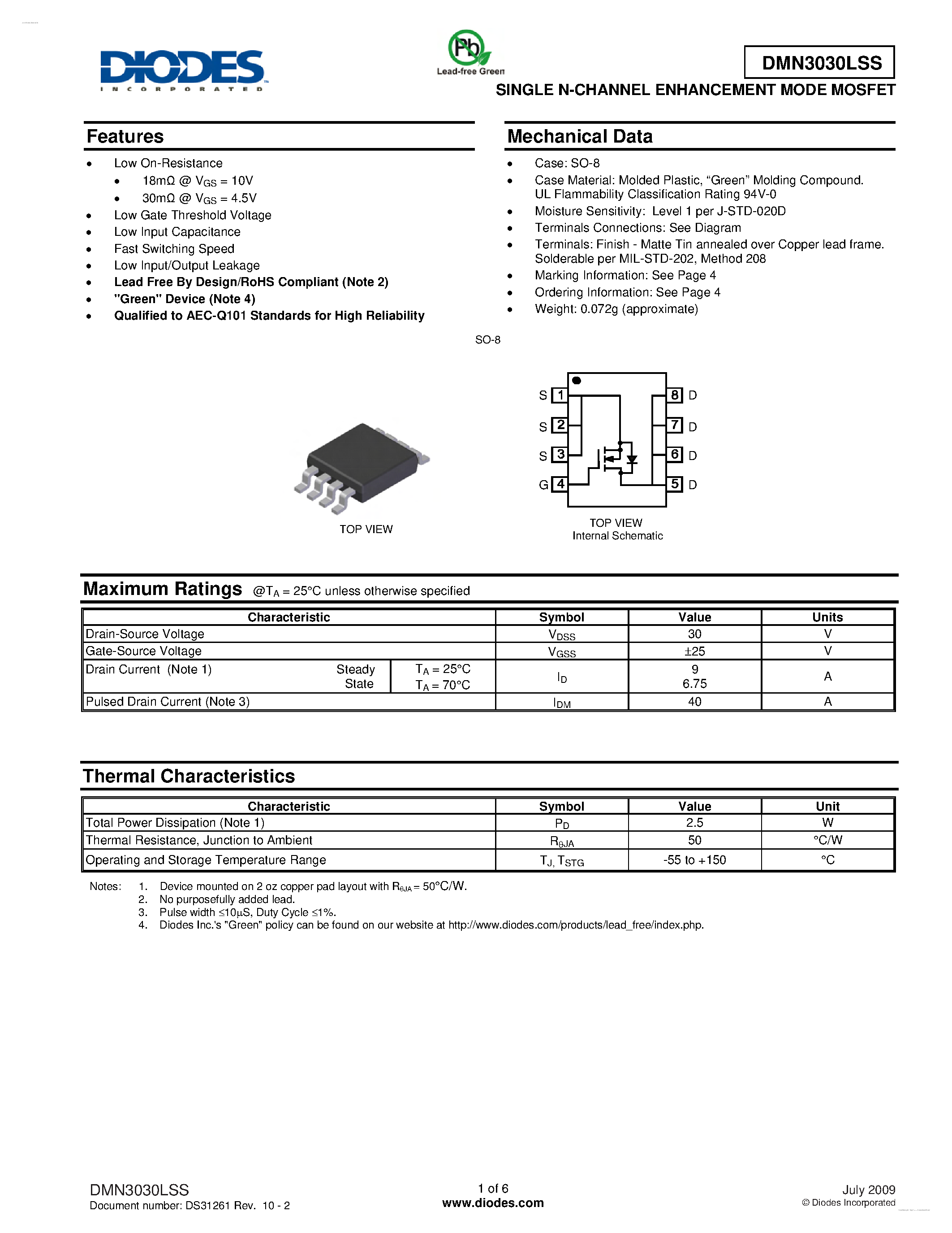 Даташит DMN3030LSS - SINGLE N-CHANNEL ENHANCEMENT MODE MOSFET страница 1