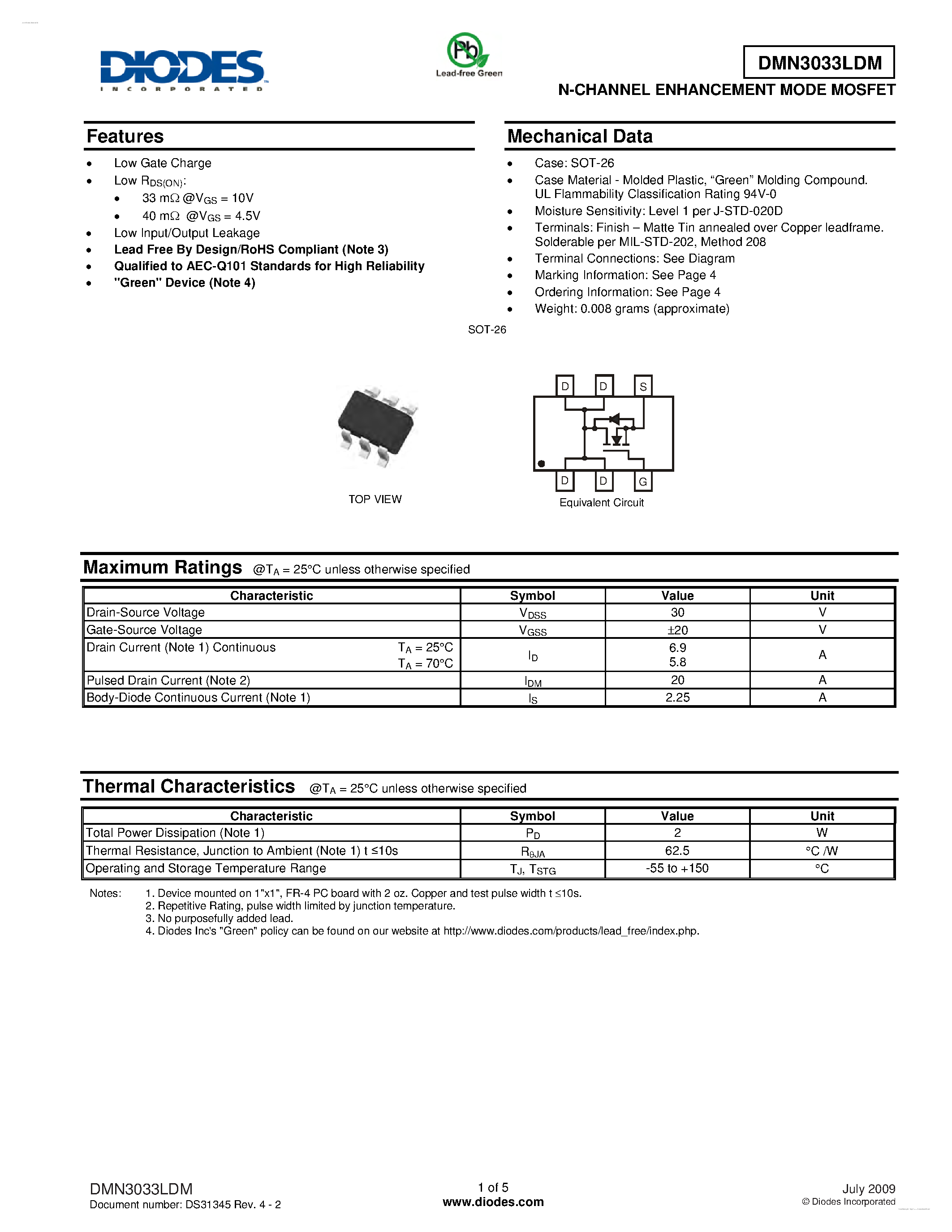 Даташит DMN3033LDM - N-CHANNEL ENHANCEMENT MODE MOSFET страница 1