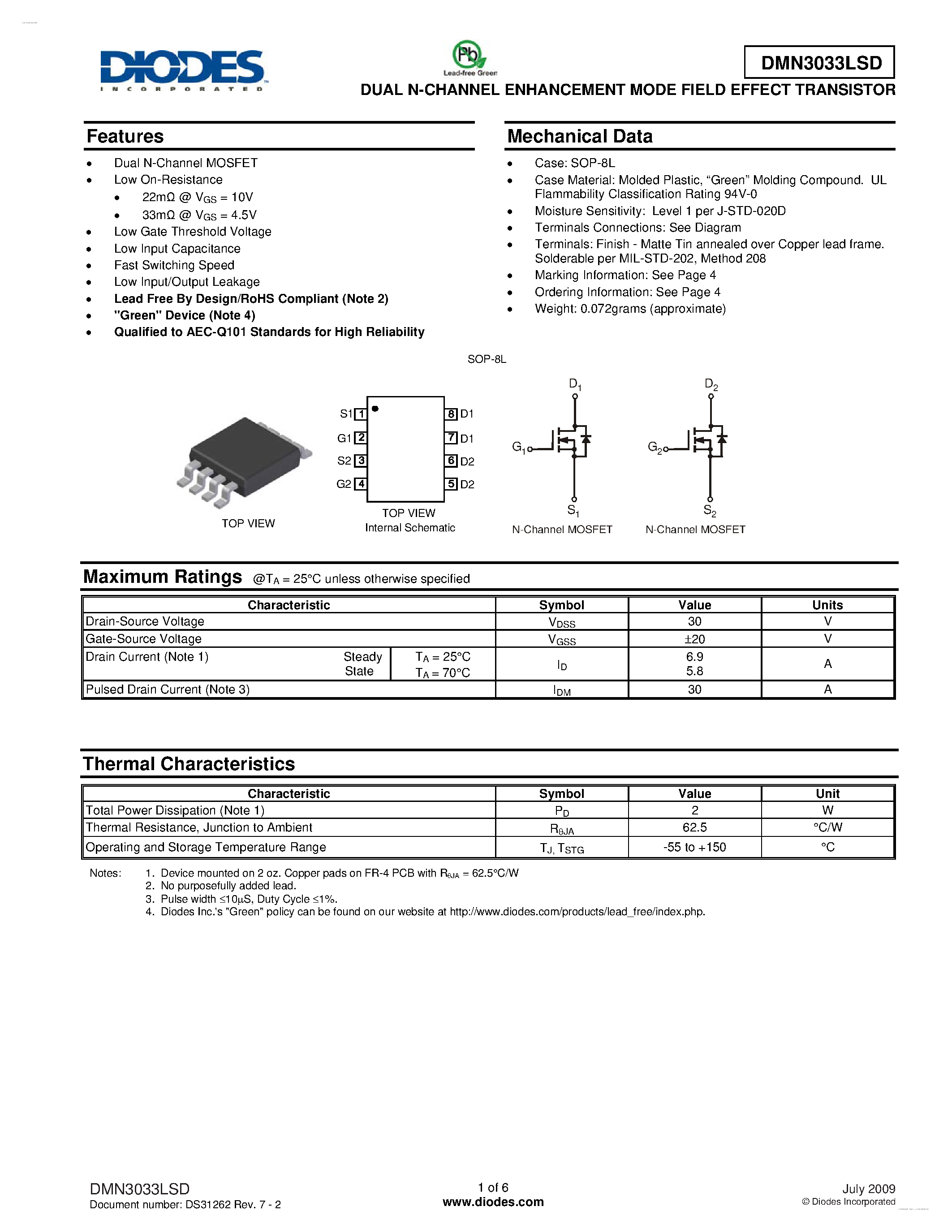 Даташит DMN3033LSD - DUAL N-CHANNEL ENHANCEMENT MODE FIELD EFFECT TRANSISTOR страница 1