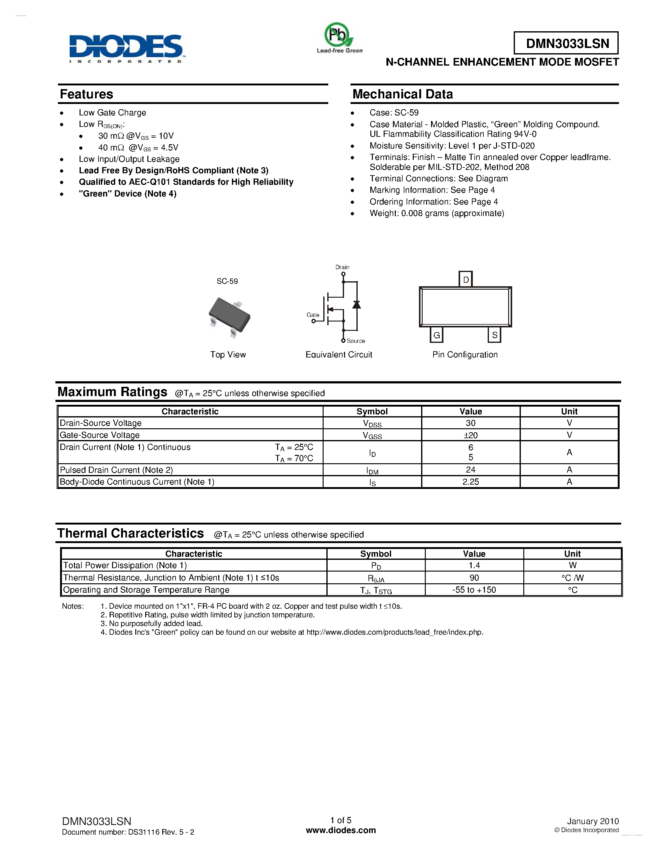 Даташит DMN3033LSN - N-CHANNEL ENHANCEMENT MODE MOSFET страница 1