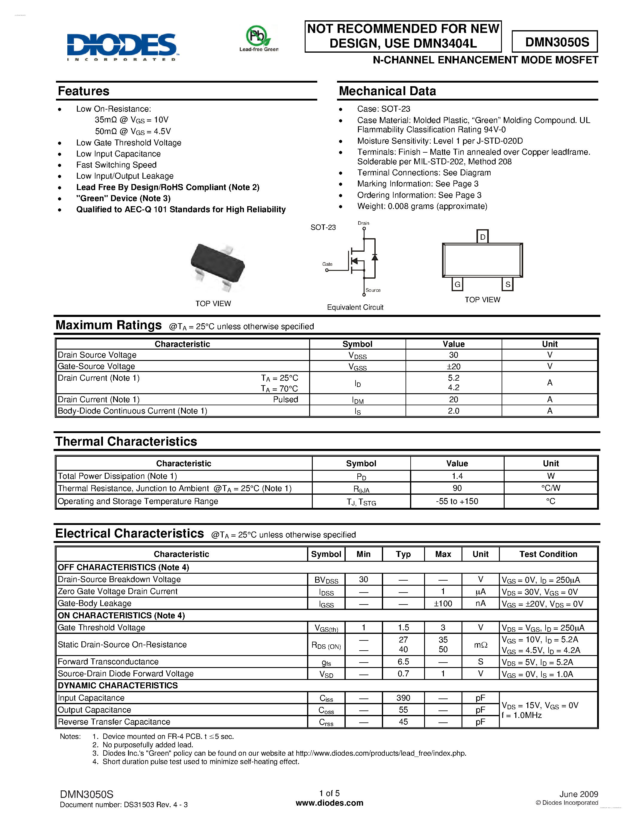 Даташит DMN3050S - N-CHANNEL ENHANCEMENT MODE MOSFET страница 1