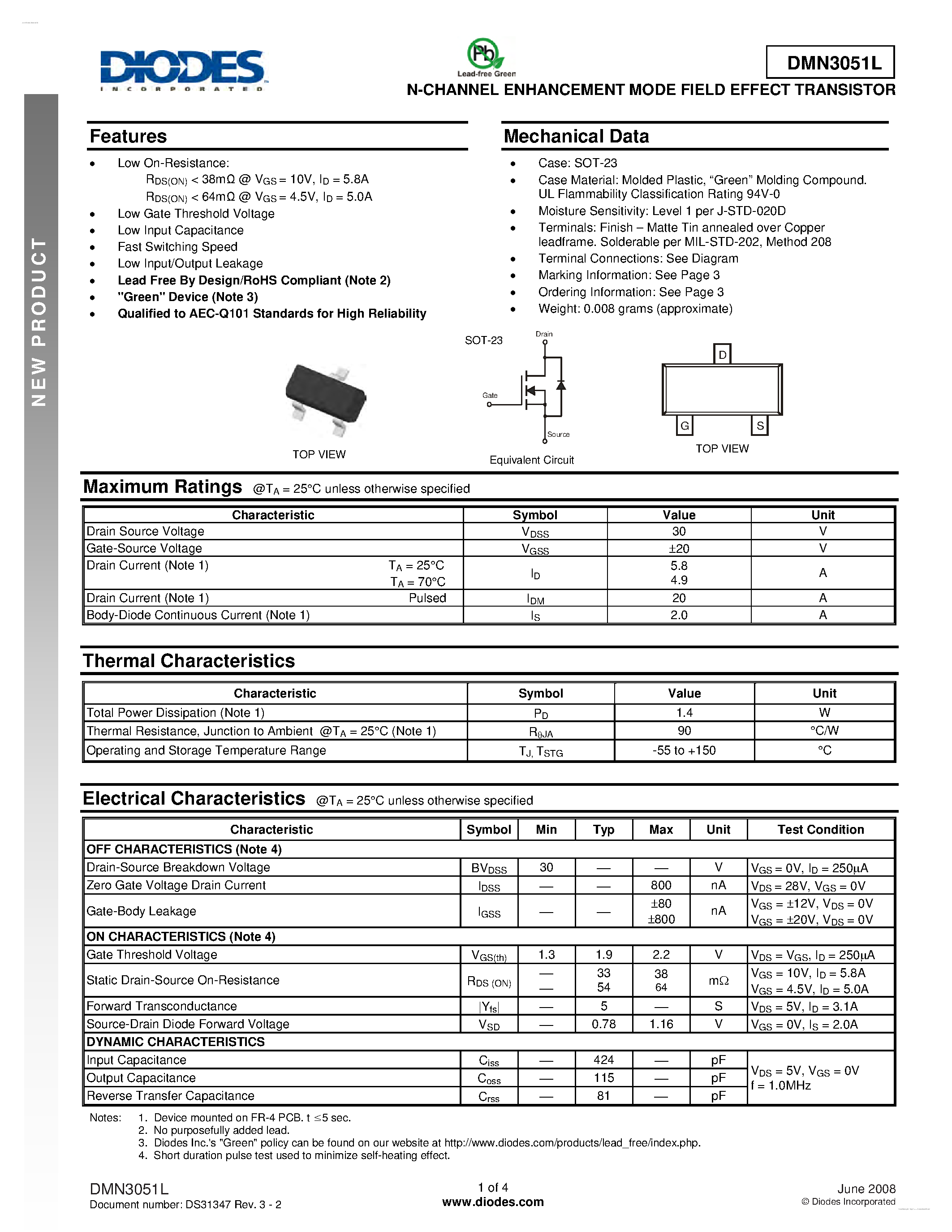 Даташит DMN3051L - N-CHANNEL ENHANCEMENT MODE FIELD EFFECT TRANSISTOR страница 1