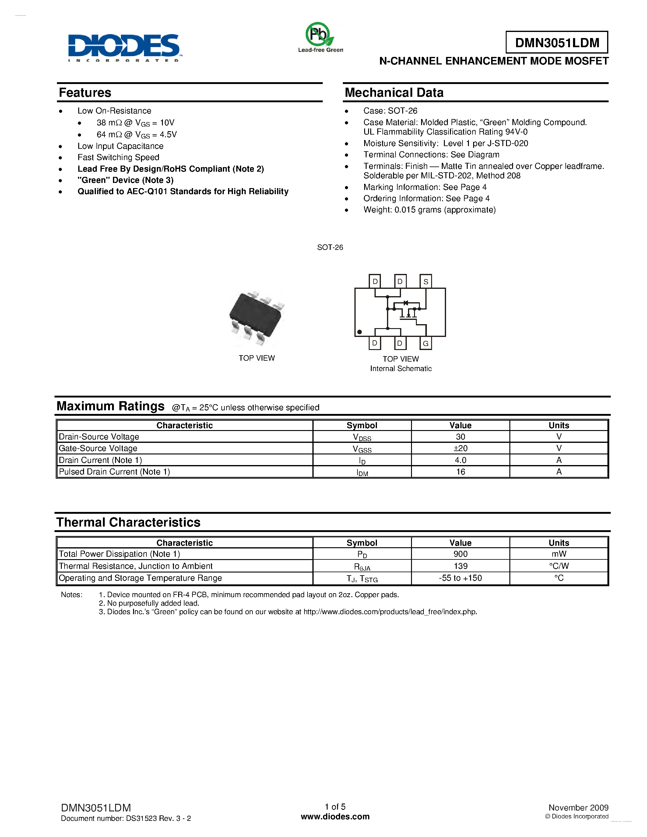 Даташит DMN3051LDM - N-CHANNEL ENHANCEMENT MODE FIELD EFFECT TRANSISTOR страница 1