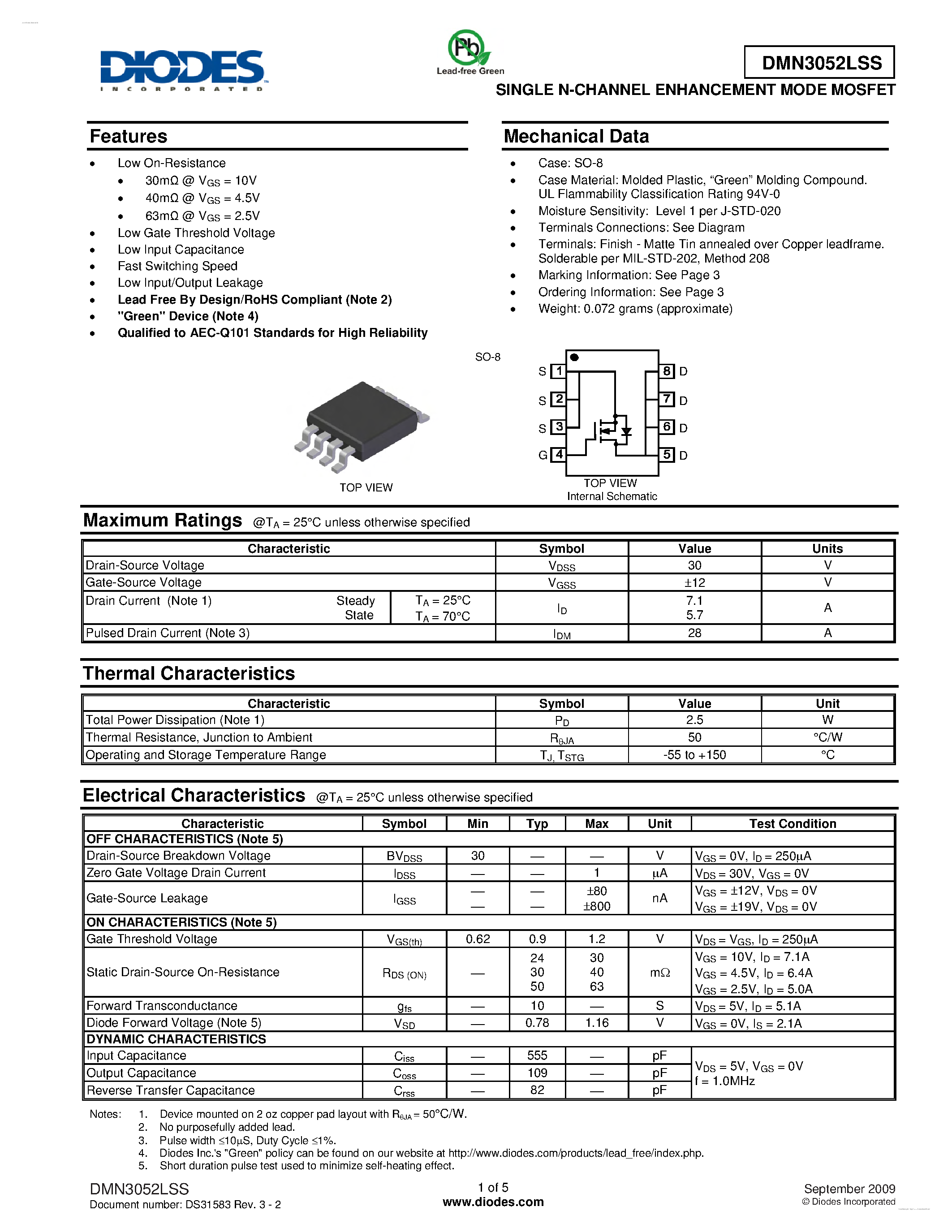 Даташит DMN3052LSS - SINGLE N-CHANNEL ENHANCEMENT MODE MOSFET страница 1