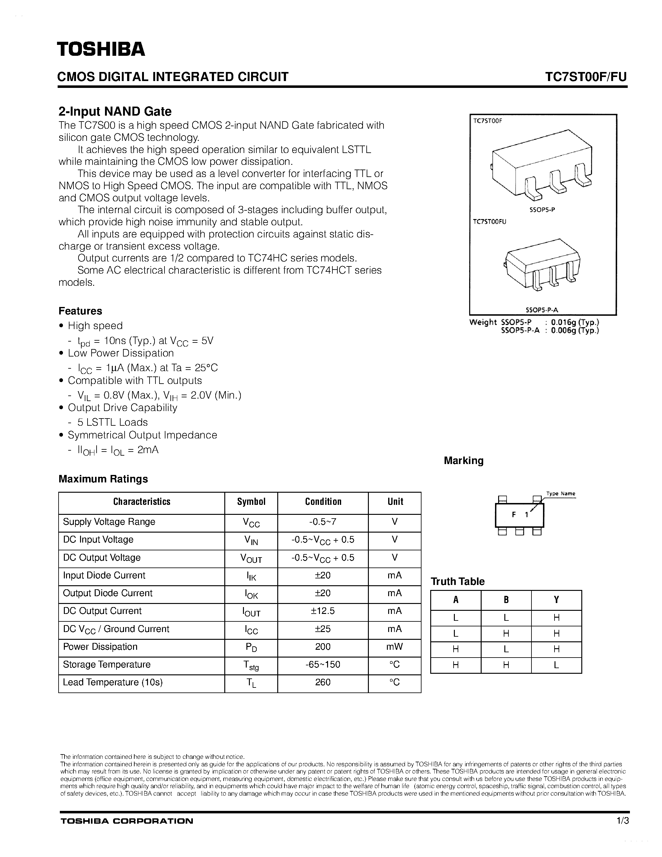 Даташит TC7ST00F - 2-input NAND Gate страница 1