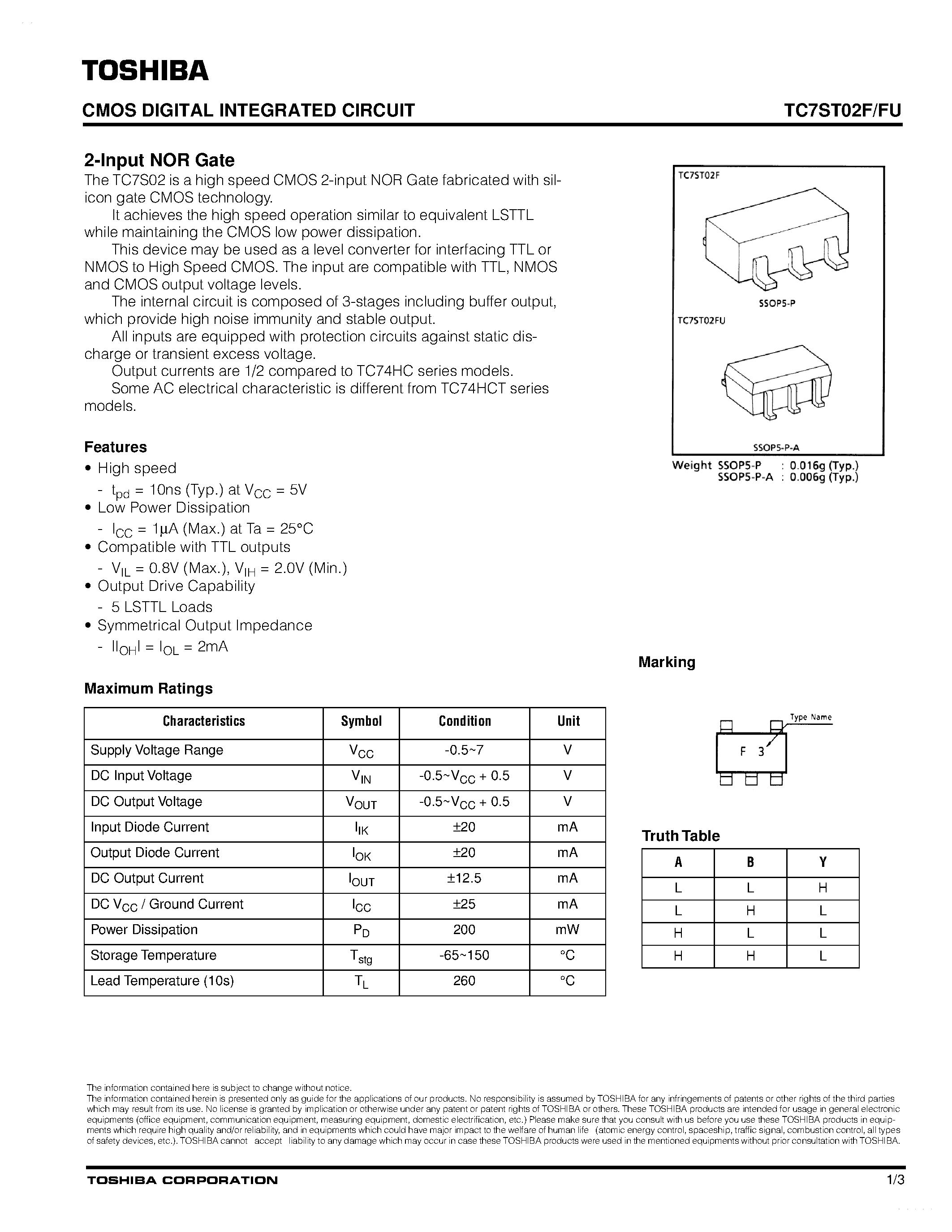 Даташит TC7ST02F - 2-input NOR GATE страница 1