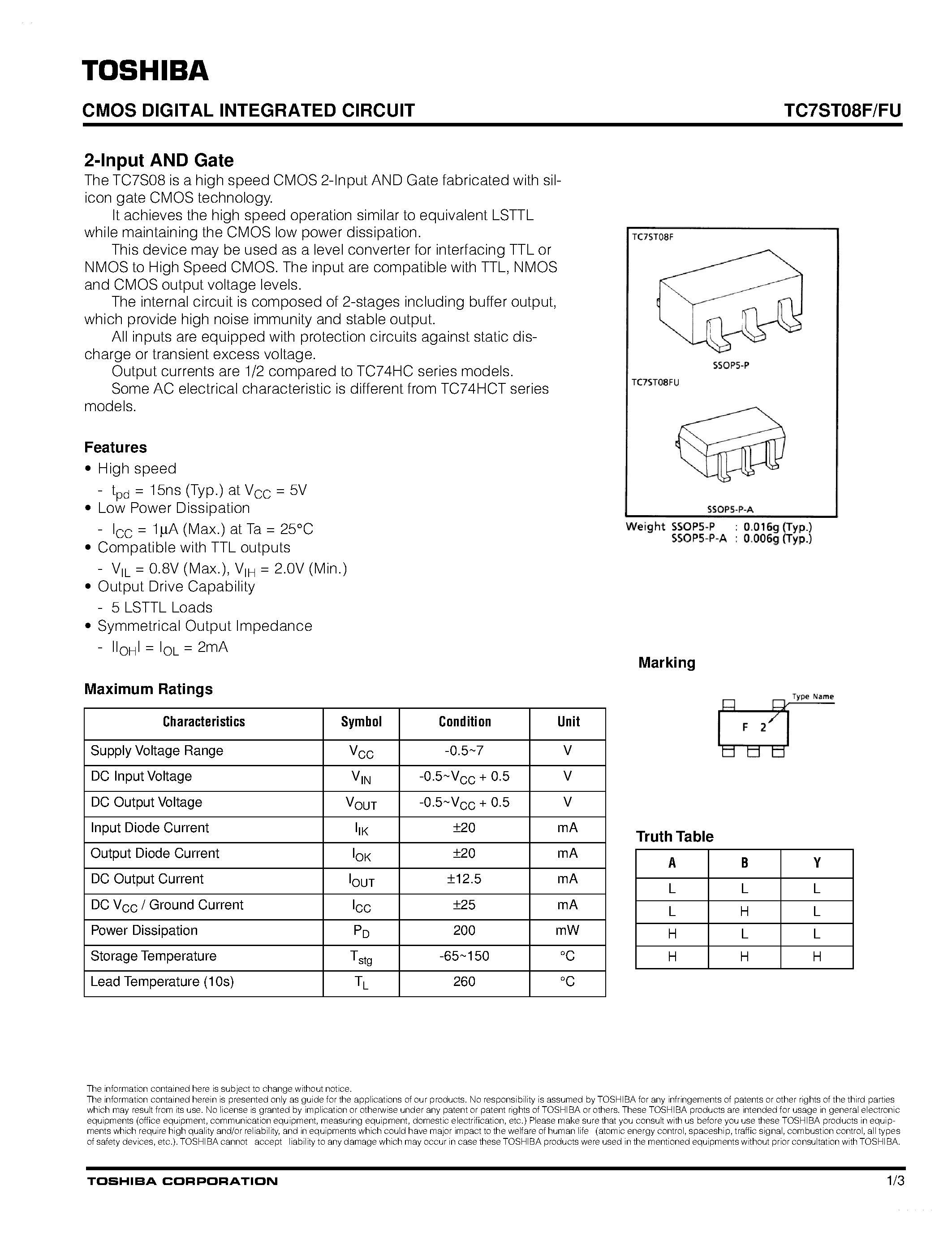 Даташит TC7ST08F - 2-input And Gate страница 1