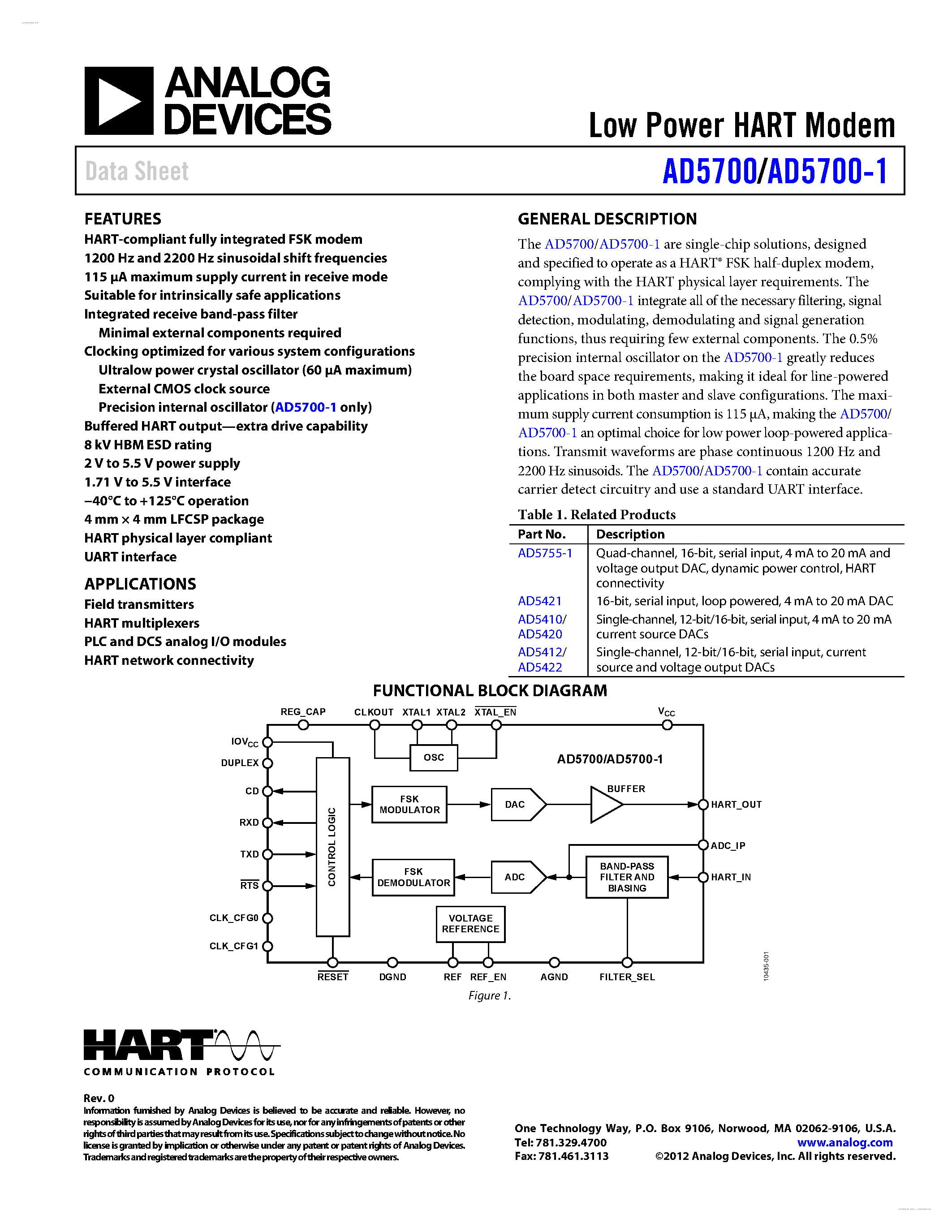 Datasheet AD5700 - Low Power HART Modem page 1