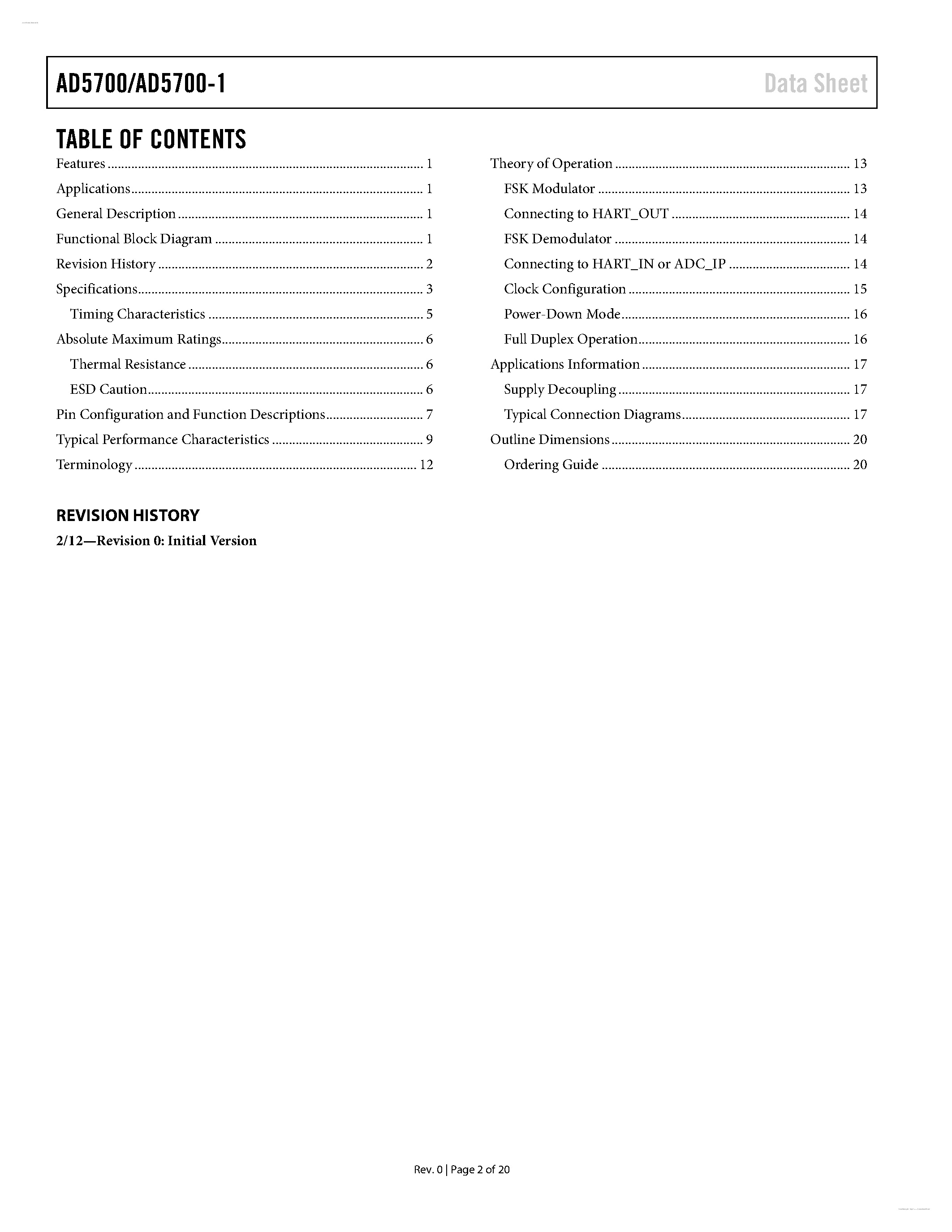 Datasheet AD5700 - Low Power HART Modem page 2