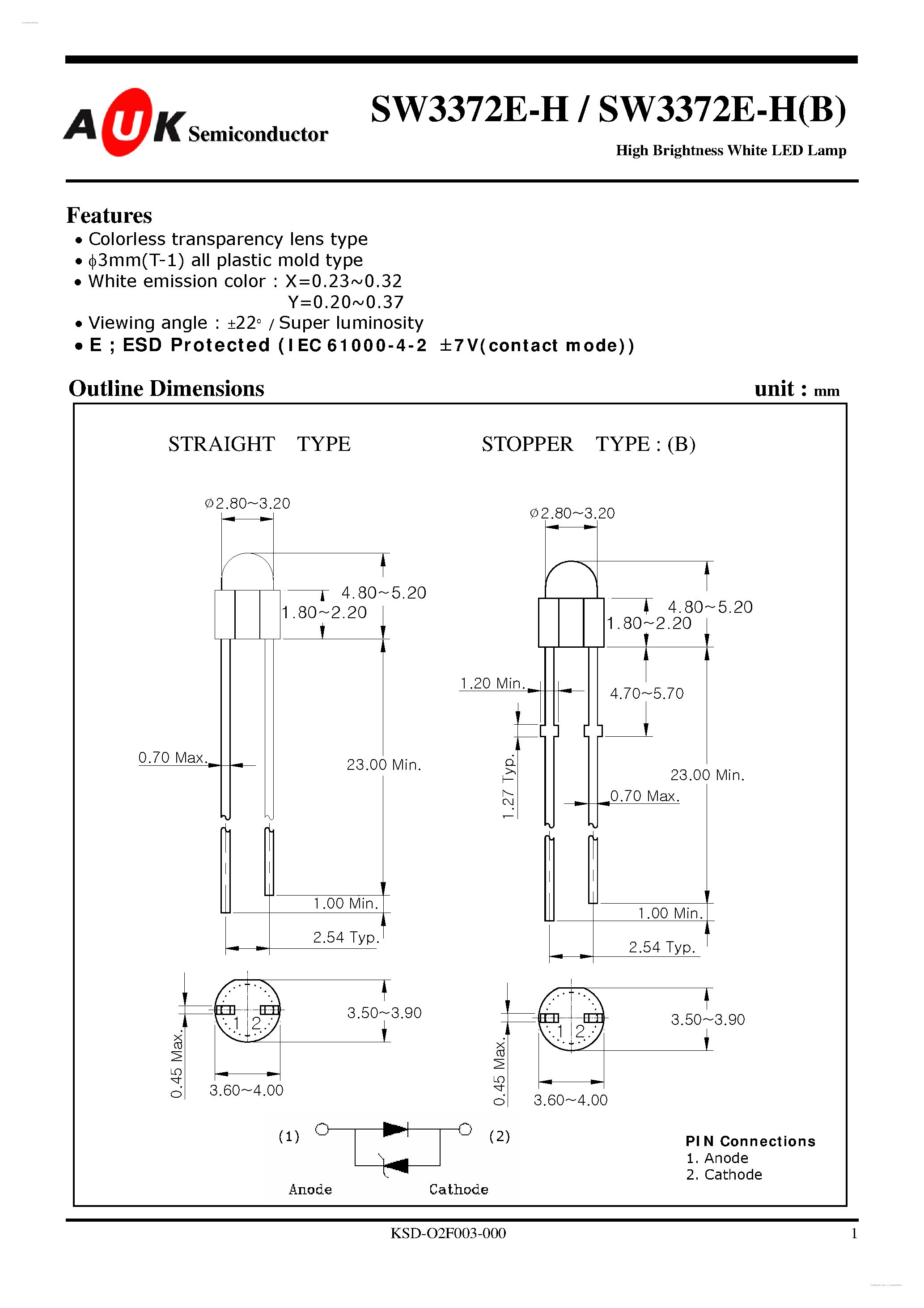 Даташит SW3372E-H - High Brightness White LED Lamp страница 1