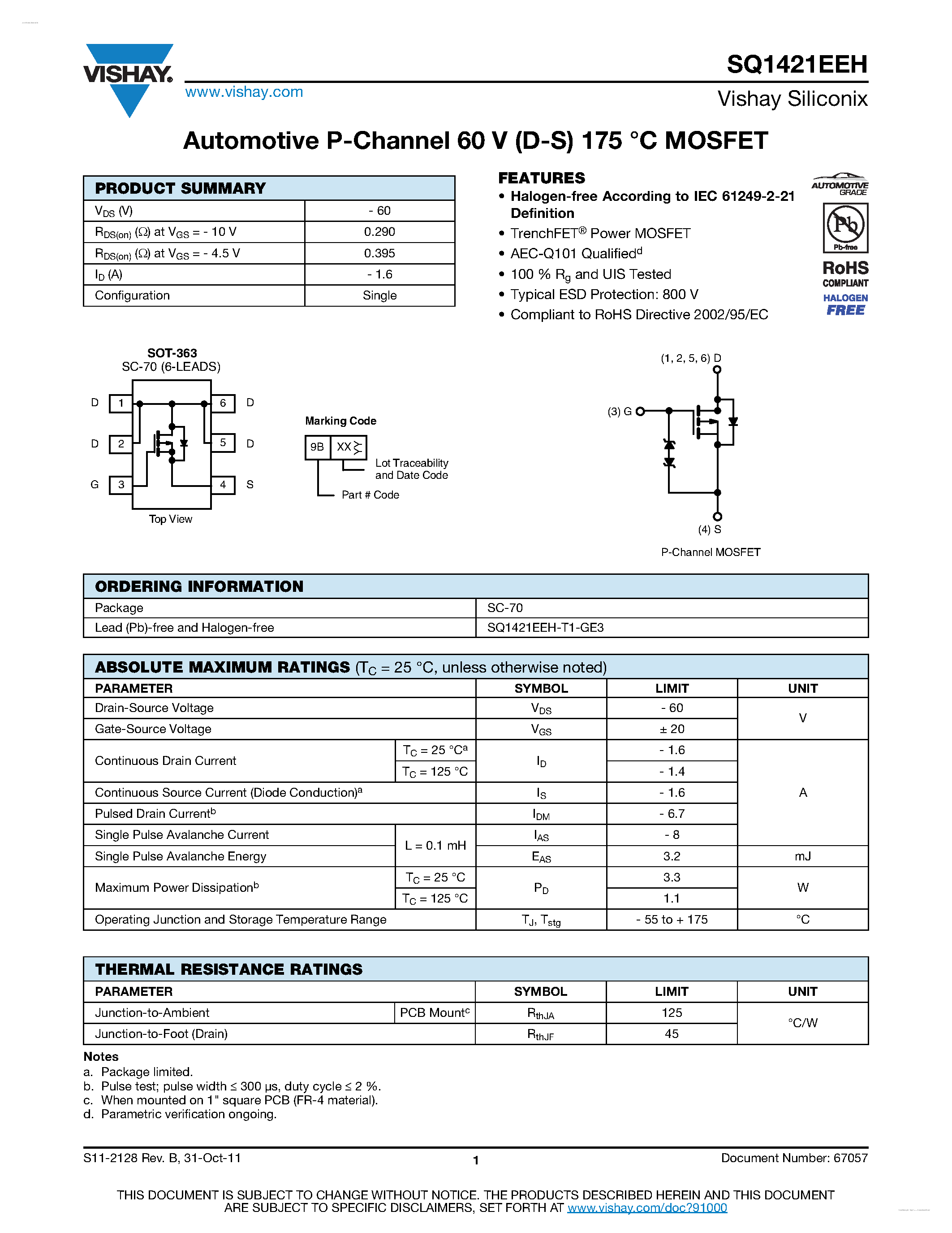 Даташит SQ1421EEH - Automotive P-Channel MOSFET страница 1