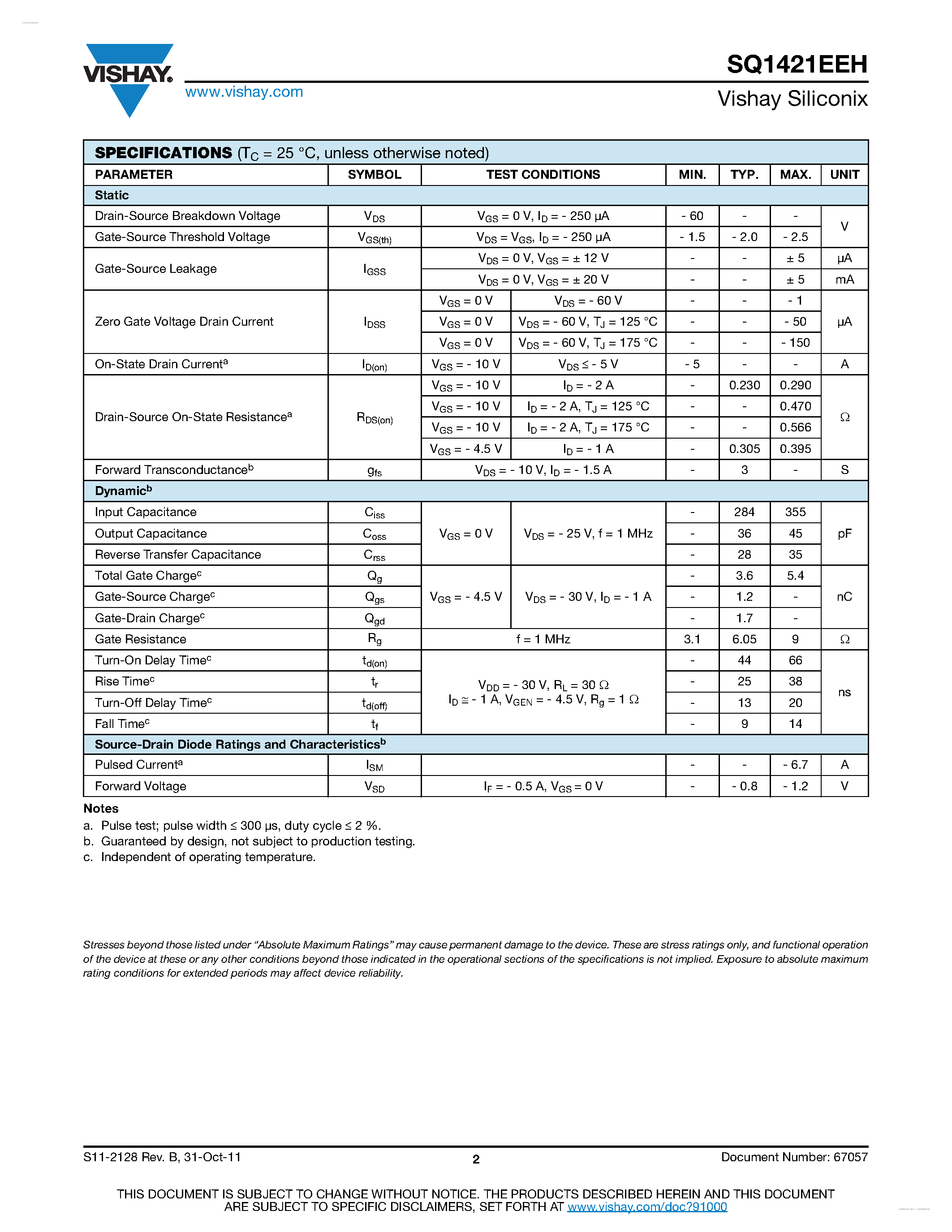 Даташит SQ1421EEH - Automotive P-Channel MOSFET страница 2