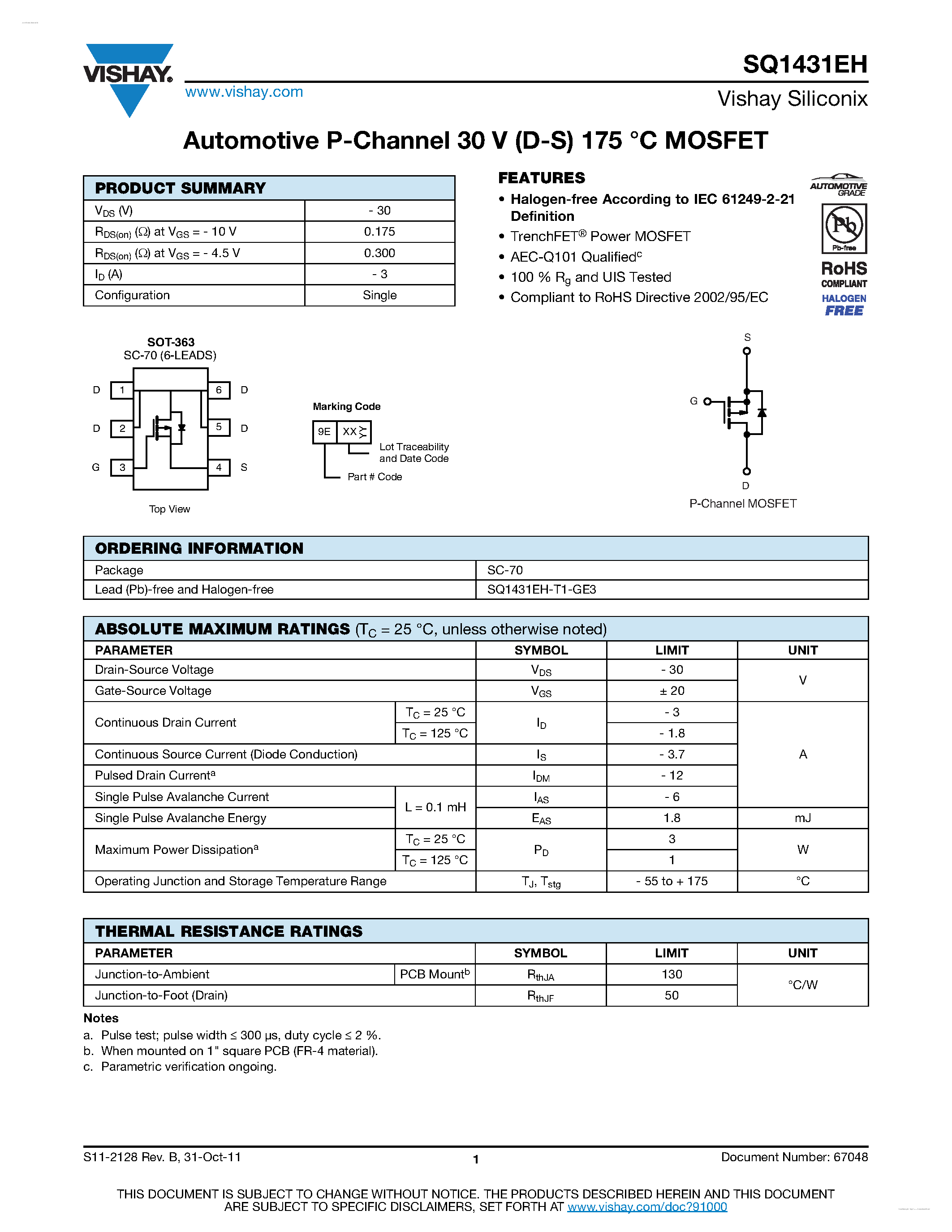 Даташит SQ1431EH - Automotive P-Channel MOSFET страница 1