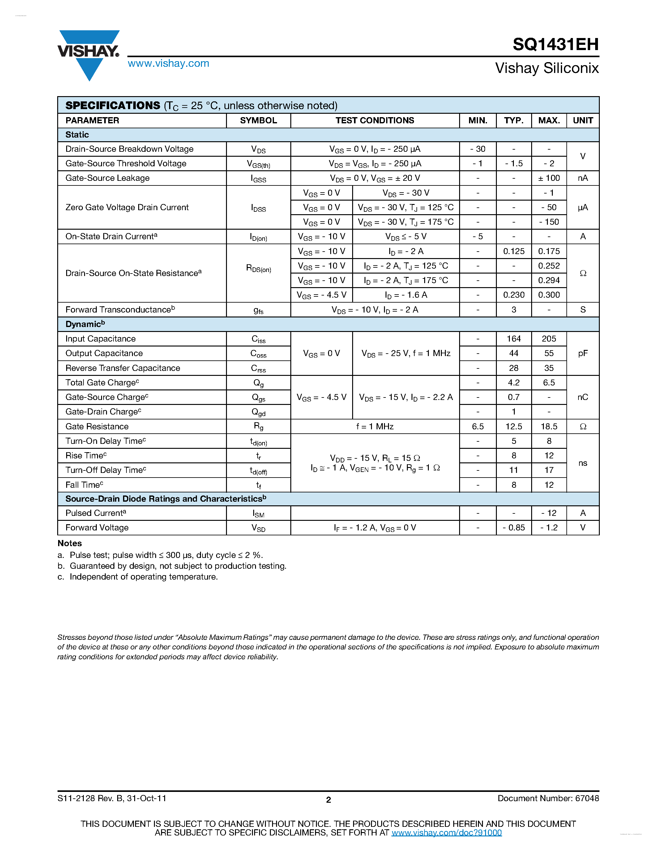 Даташит SQ1431EH - Automotive P-Channel MOSFET страница 2