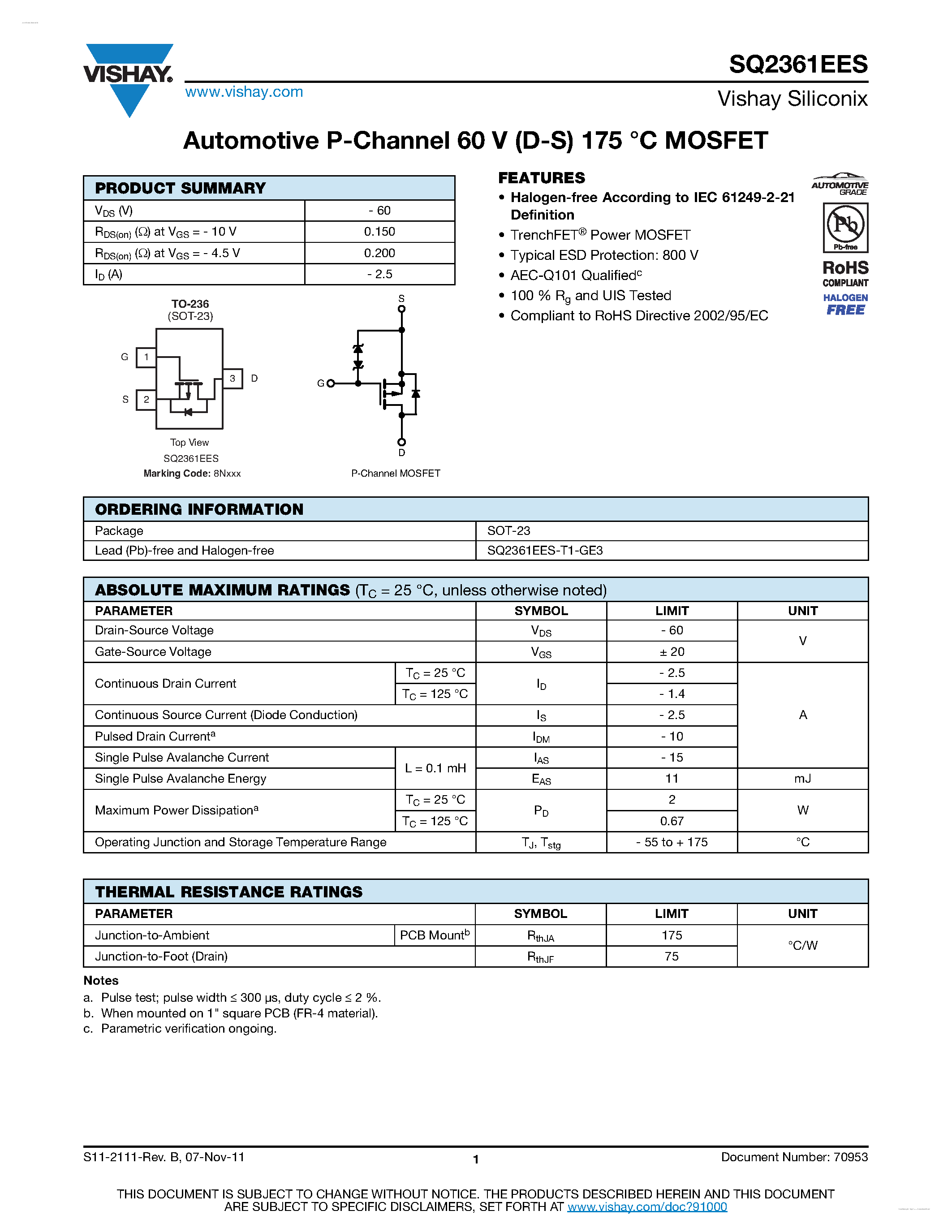 Даташит SQ2361EES - Automotive P-Channel MOSFET страница 1