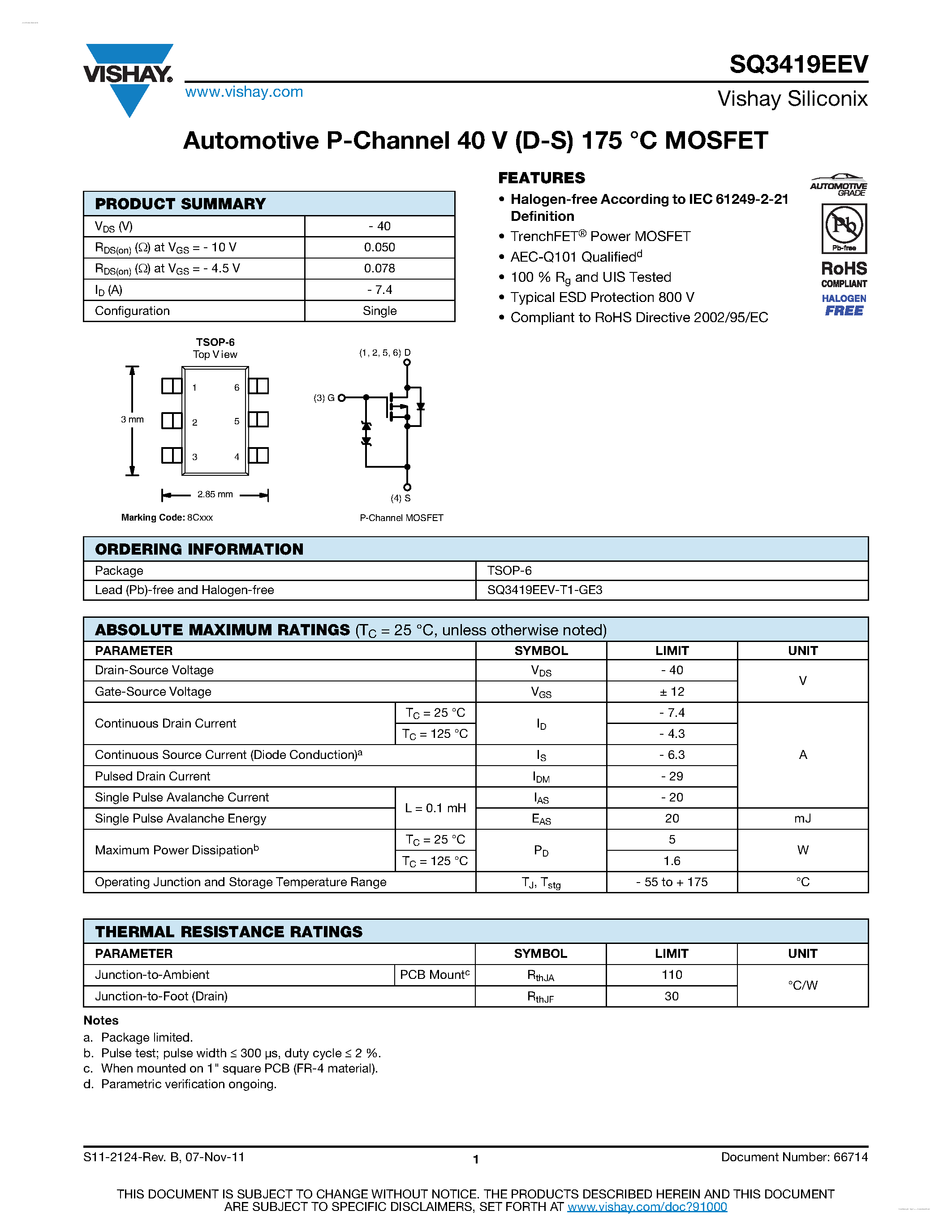 Даташит SQ3419EEV - Automotive P-Channel MOSFET страница 1