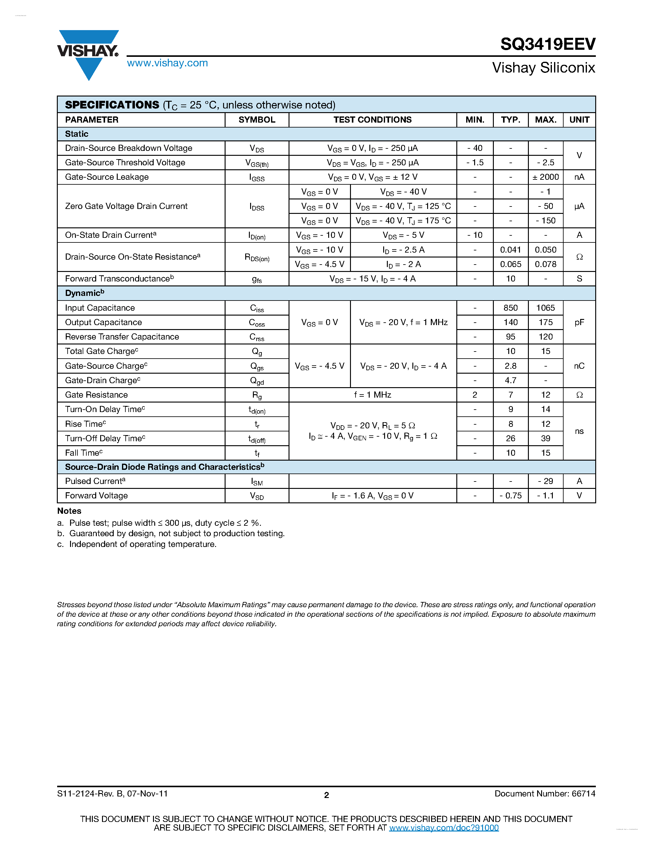 Даташит SQ3419EEV - Automotive P-Channel MOSFET страница 2