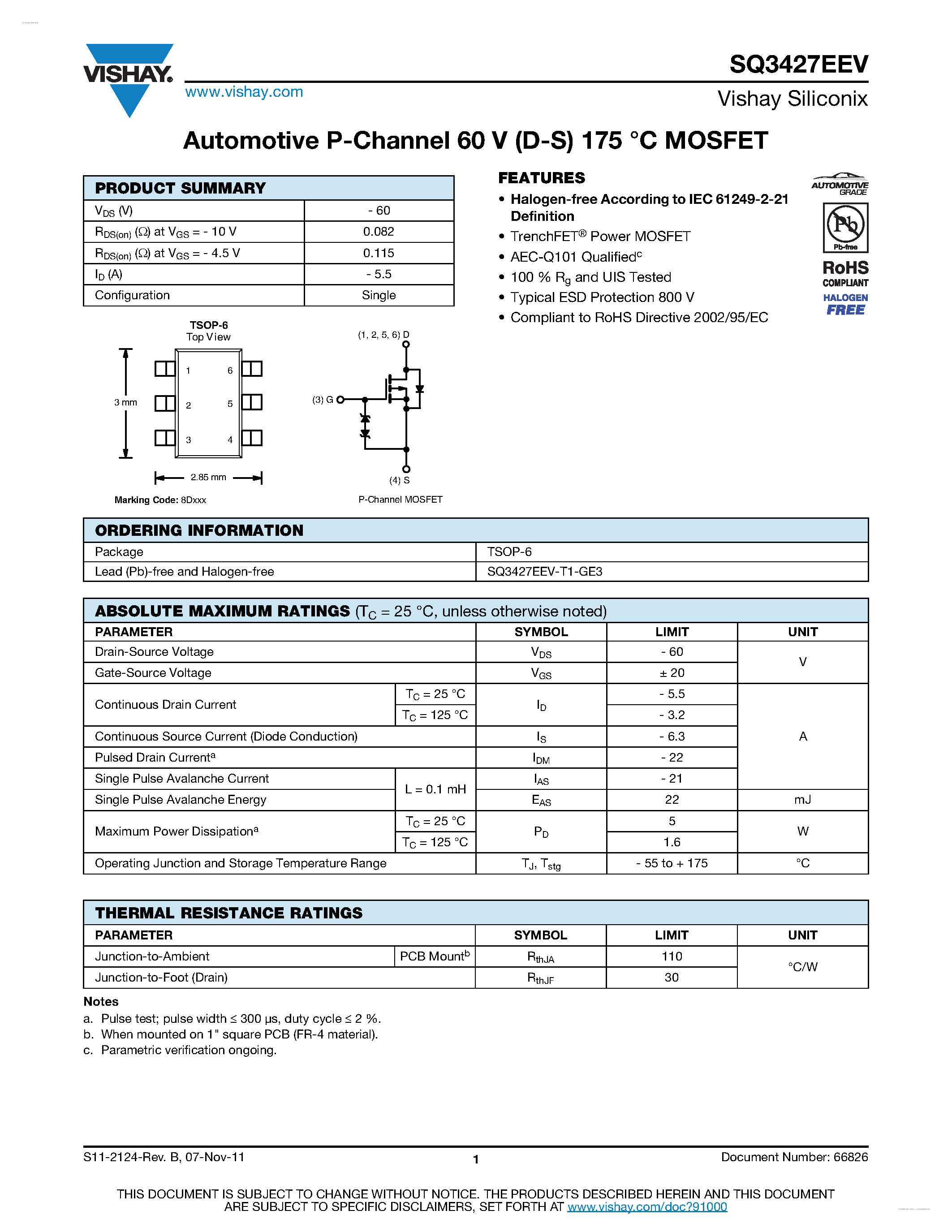 Даташит SQ3427EEV - Automotive P-Channel MOSFET страница 1