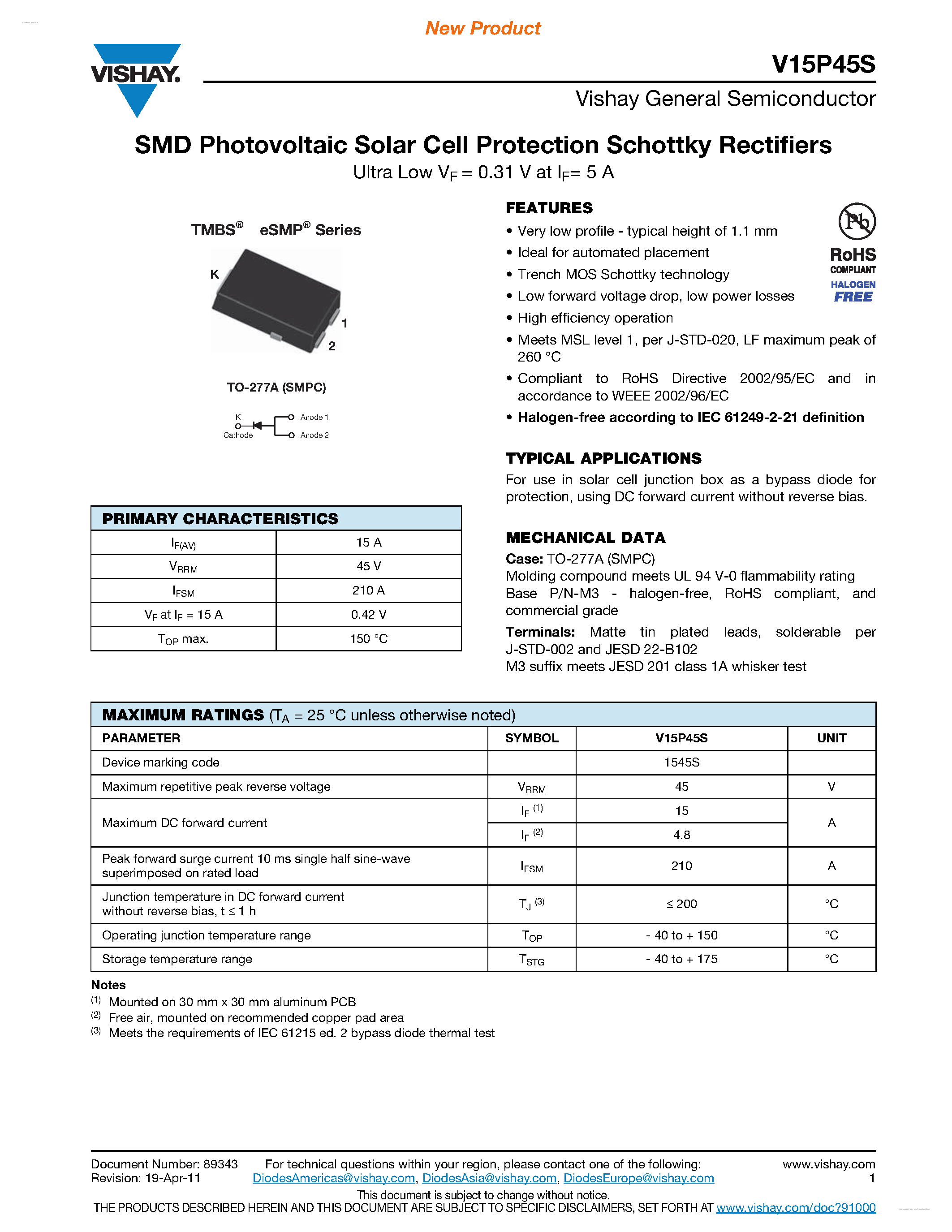 Datasheet V15P45S - SMD Photovoltaic Solar Cell Protection Schottky Rectifiers page 1