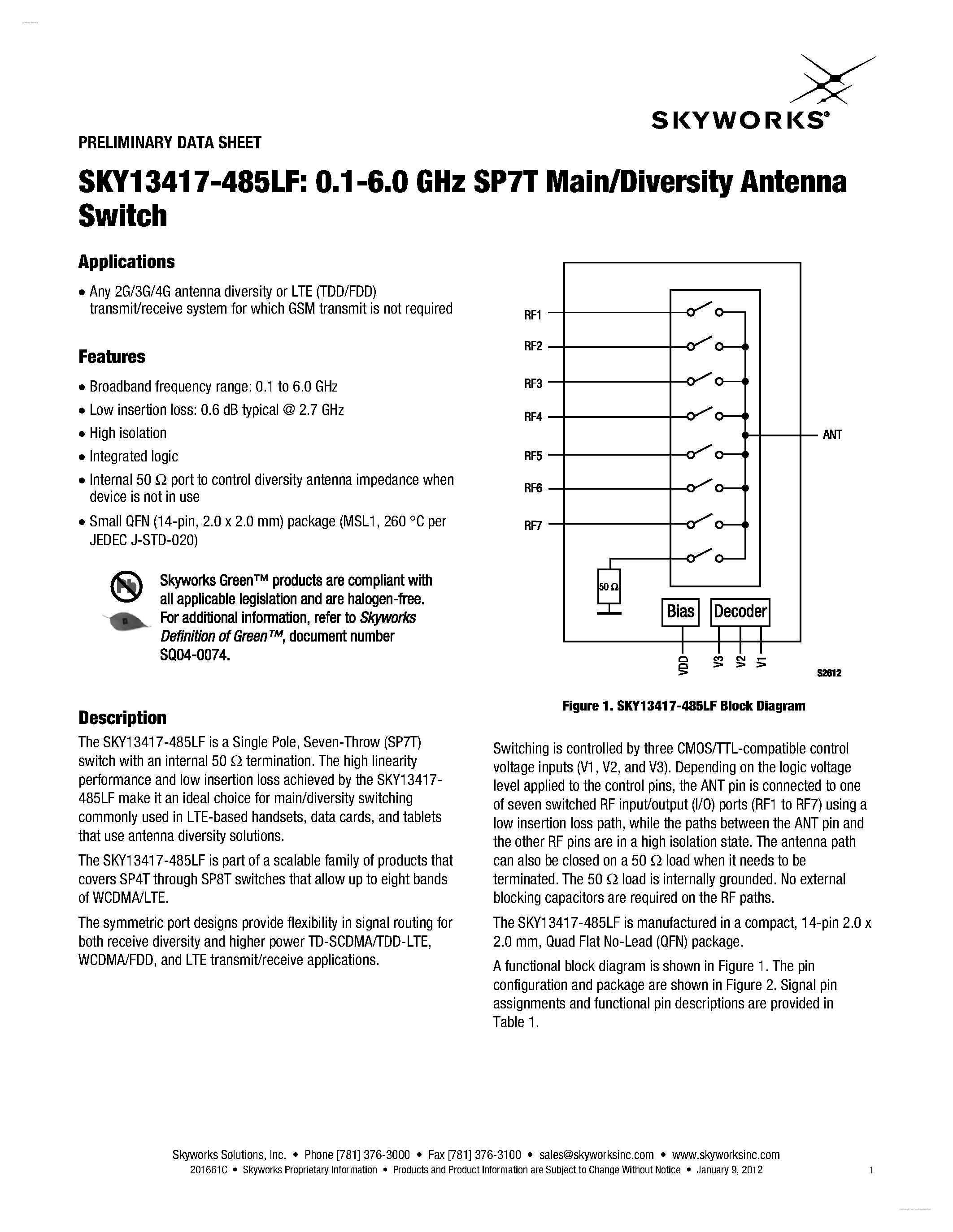 Даташит SKY13417-485LF - 0.1-6.0 GHz SP7T Main/Diversity Antenna Switch страница 1