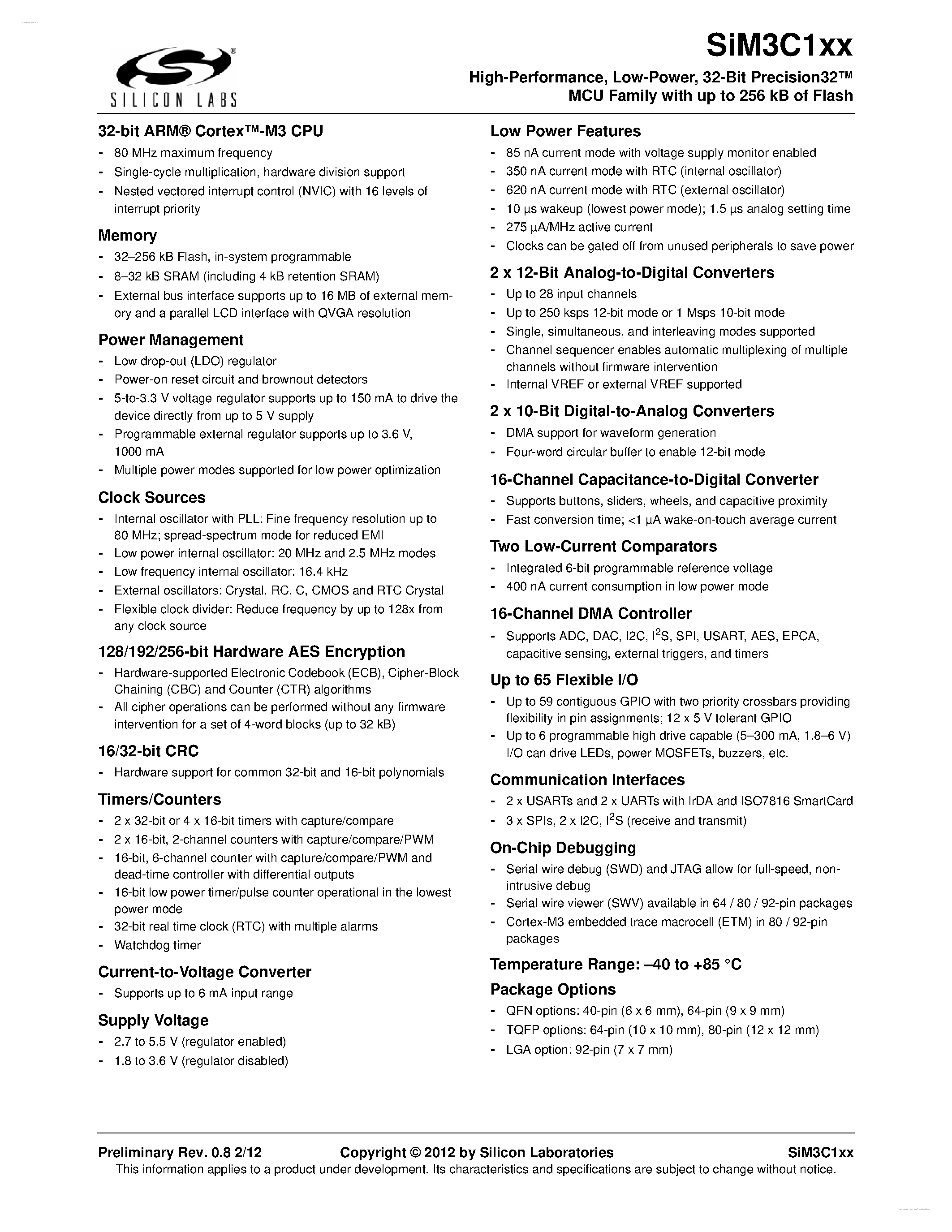 Datasheet SiM3C134-B-GM - 32-Bit Precision32 MCU page 1